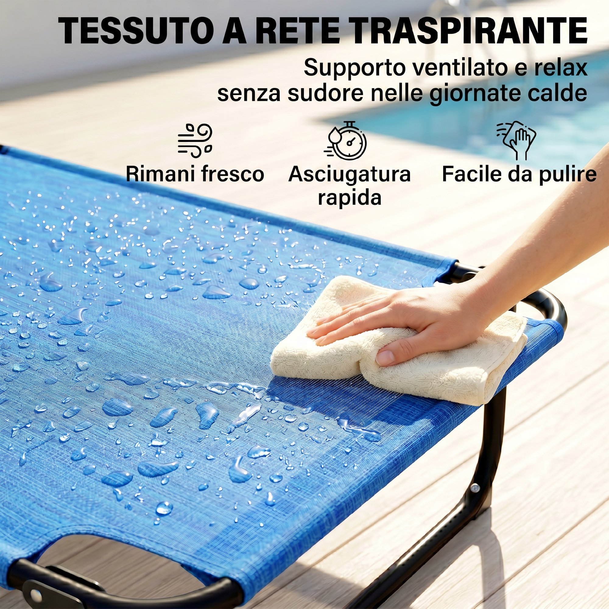 Tessuto a rete blu con gocce d'acqua, una mano lo pulisce con un panno.