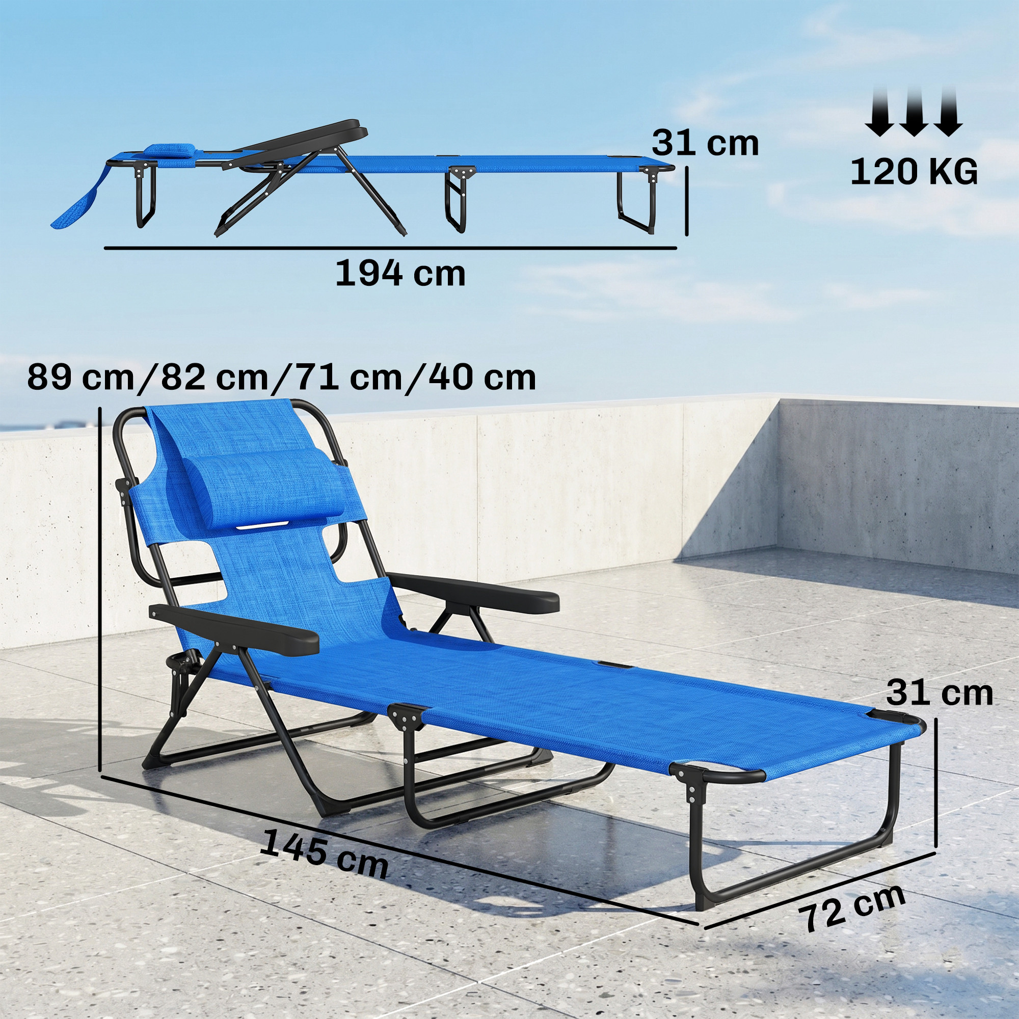 Sdraio blu con cuscino, dimensioni indicate, capacità 120 kg.