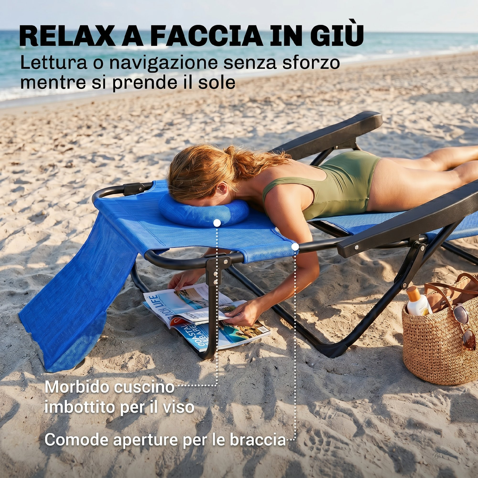 Una donna è sdraiata su una sdraio blu al mare, leggendo.