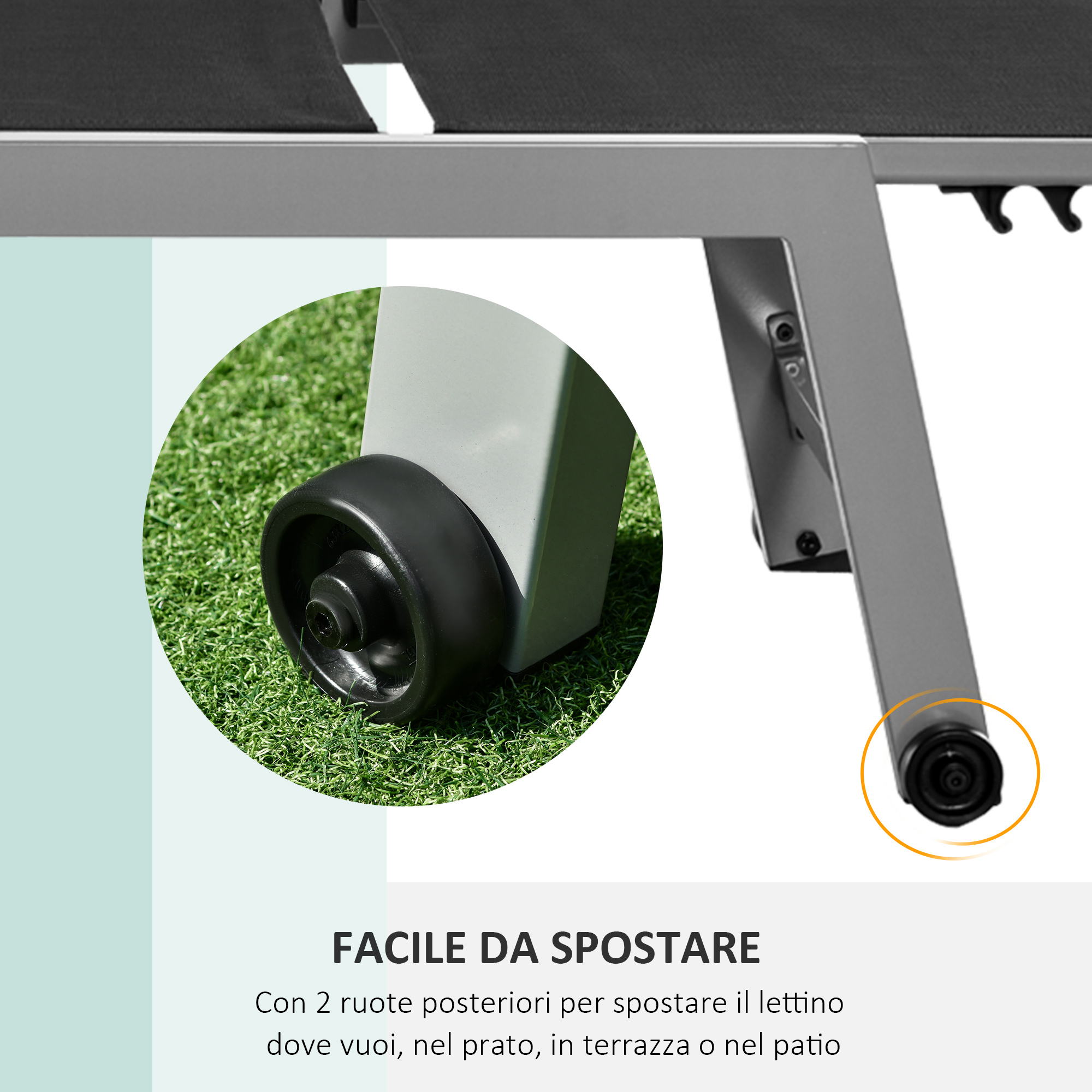 Lettino grigio con ruote su prato artificiale. Facile da spostare.