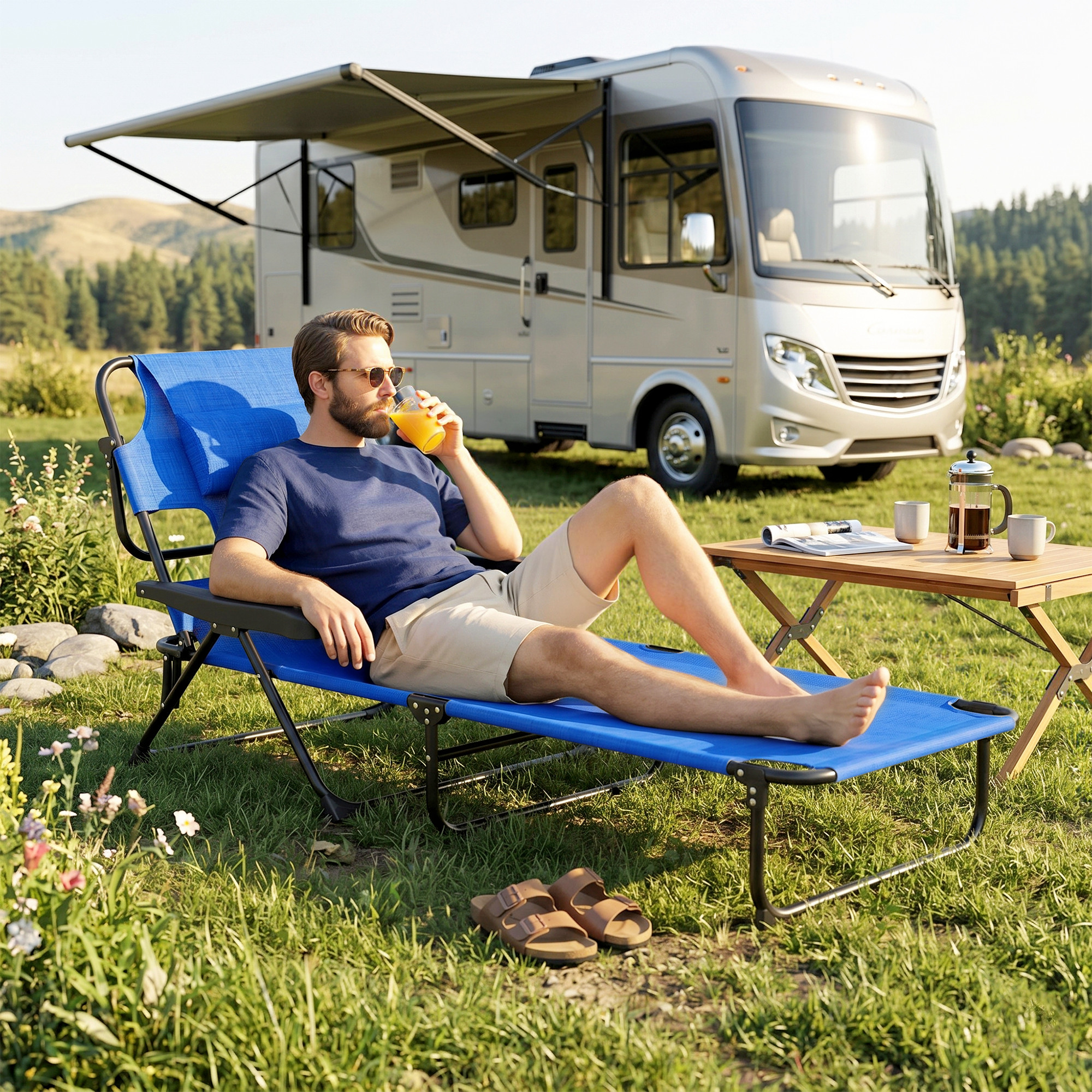Uomo beve succo su sdraio davanti a camper all'aperto.