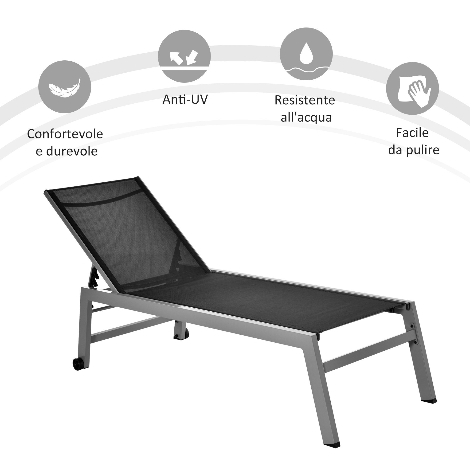 Una sdraio nera con telaio argentato e ruote, con icone per comfort, protezione UV.