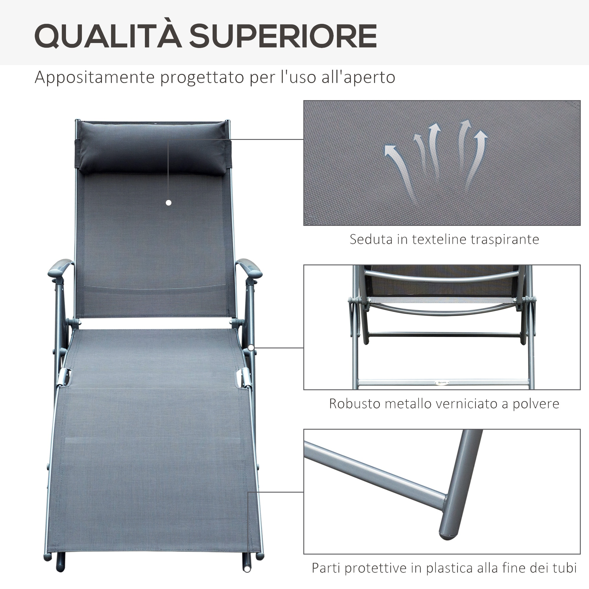 Sdraio grigio con poggiatesta, seduta traspirante e telaio in metallo.