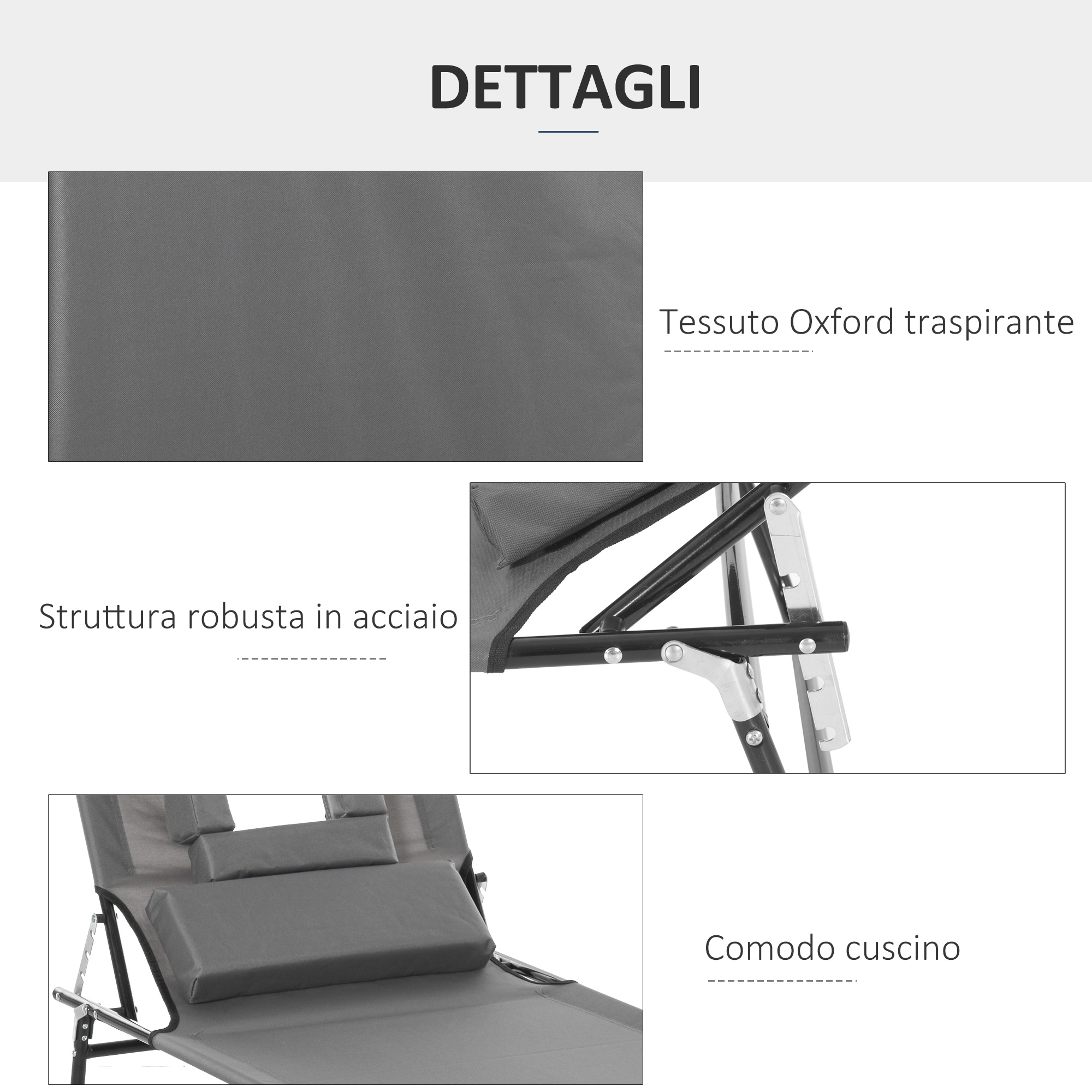 Tessuto grigio, telaio in acciaio e cuscino di una sdraio.
