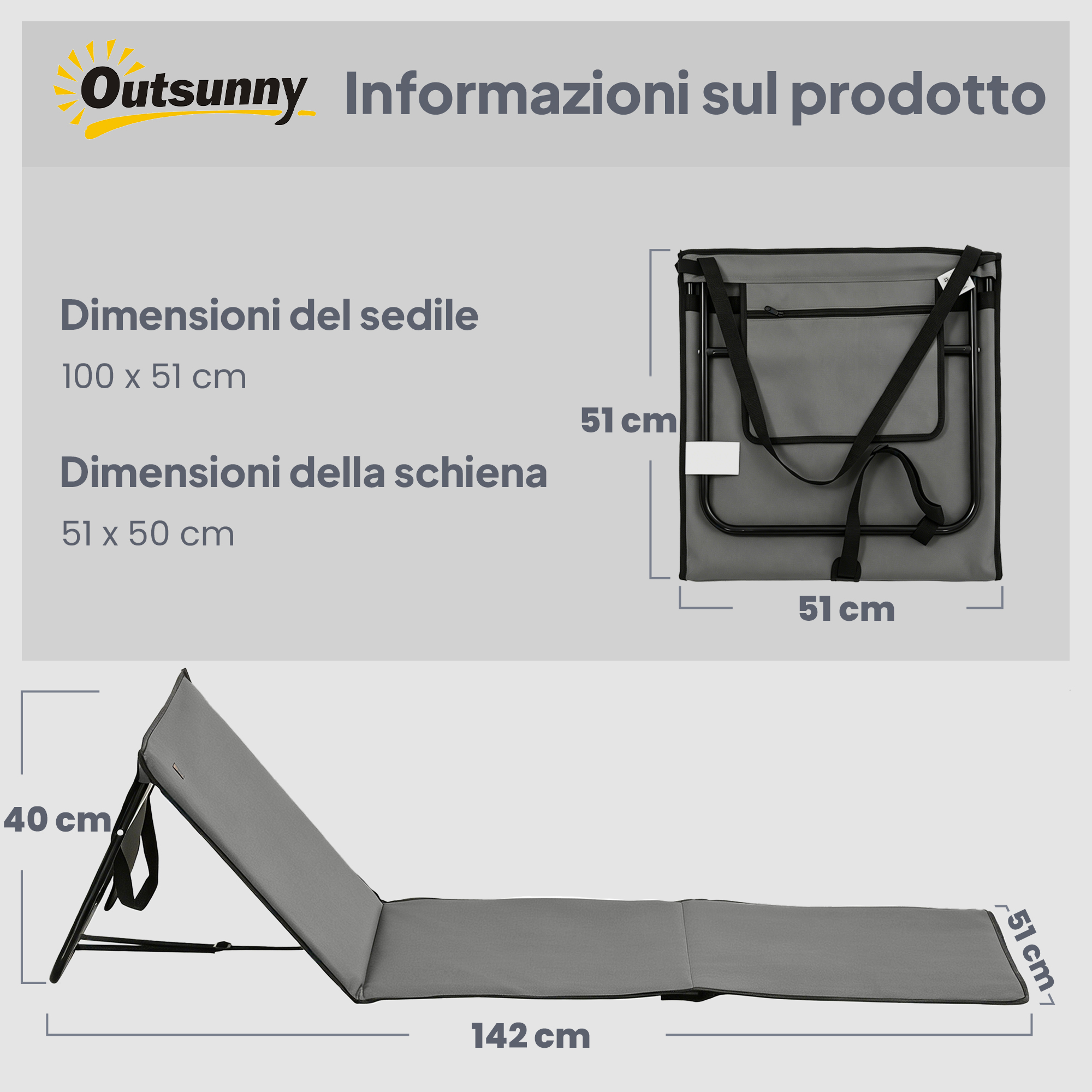 Sdraio grigio con dimensioni: Seduta 100x51cm, Schiena 51x50cm, aperto 142x51cm.