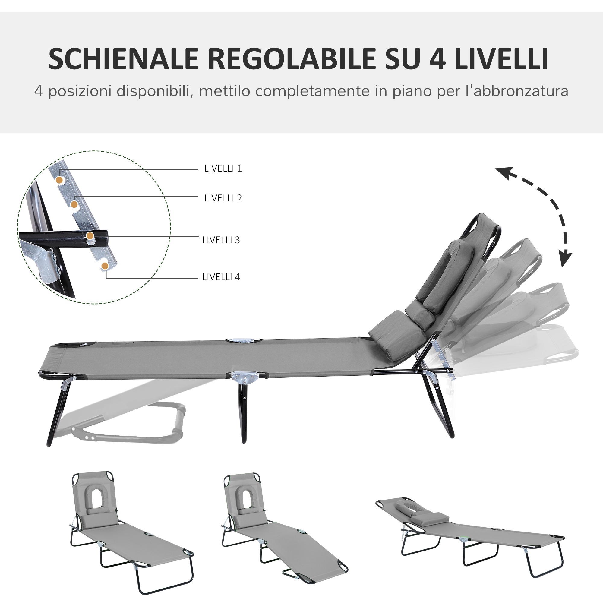 Lettino da esterno grigio con schienale regolabile su 4 livelli.