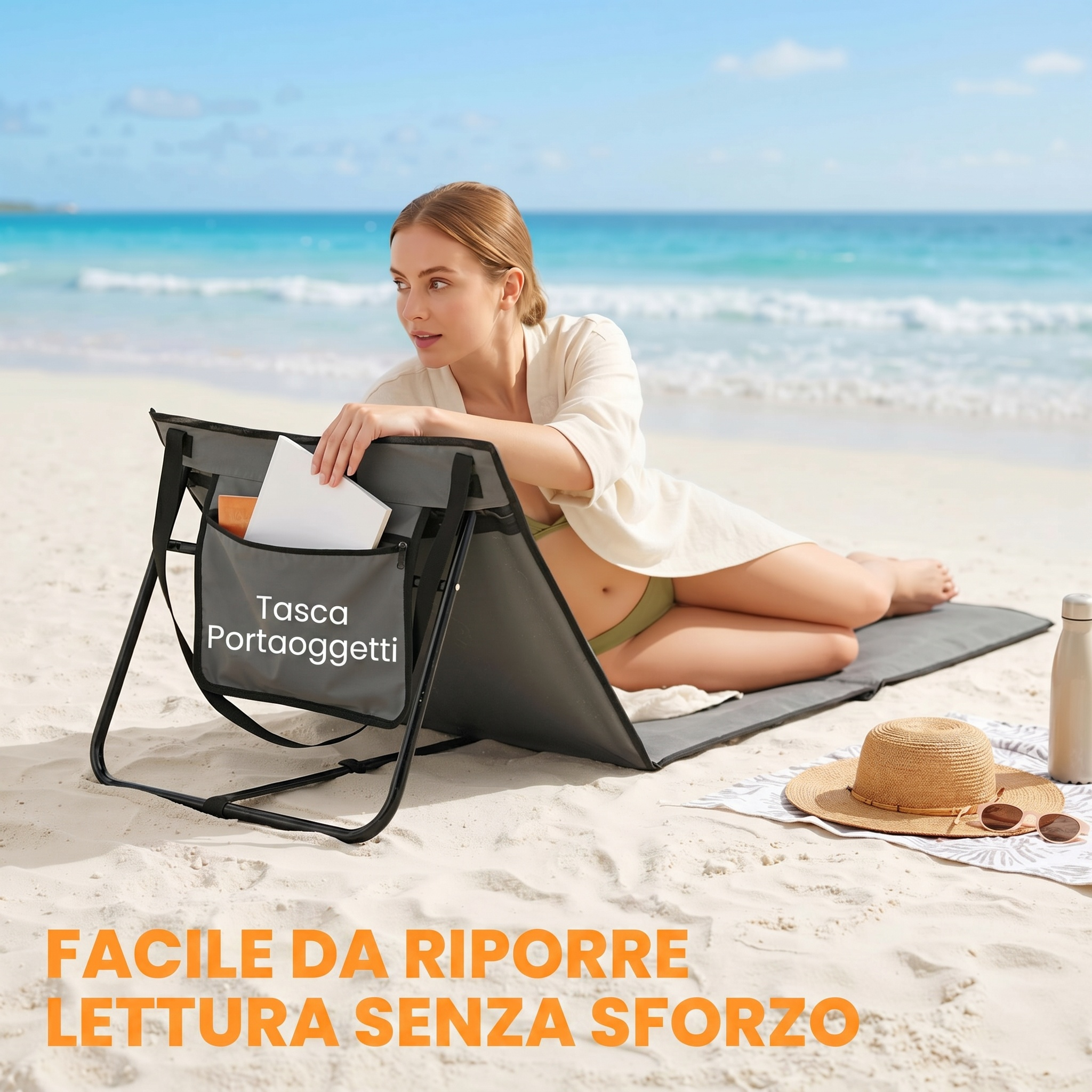 Donna in spiaggia legge libro su sedia con tasca portaoggetti.