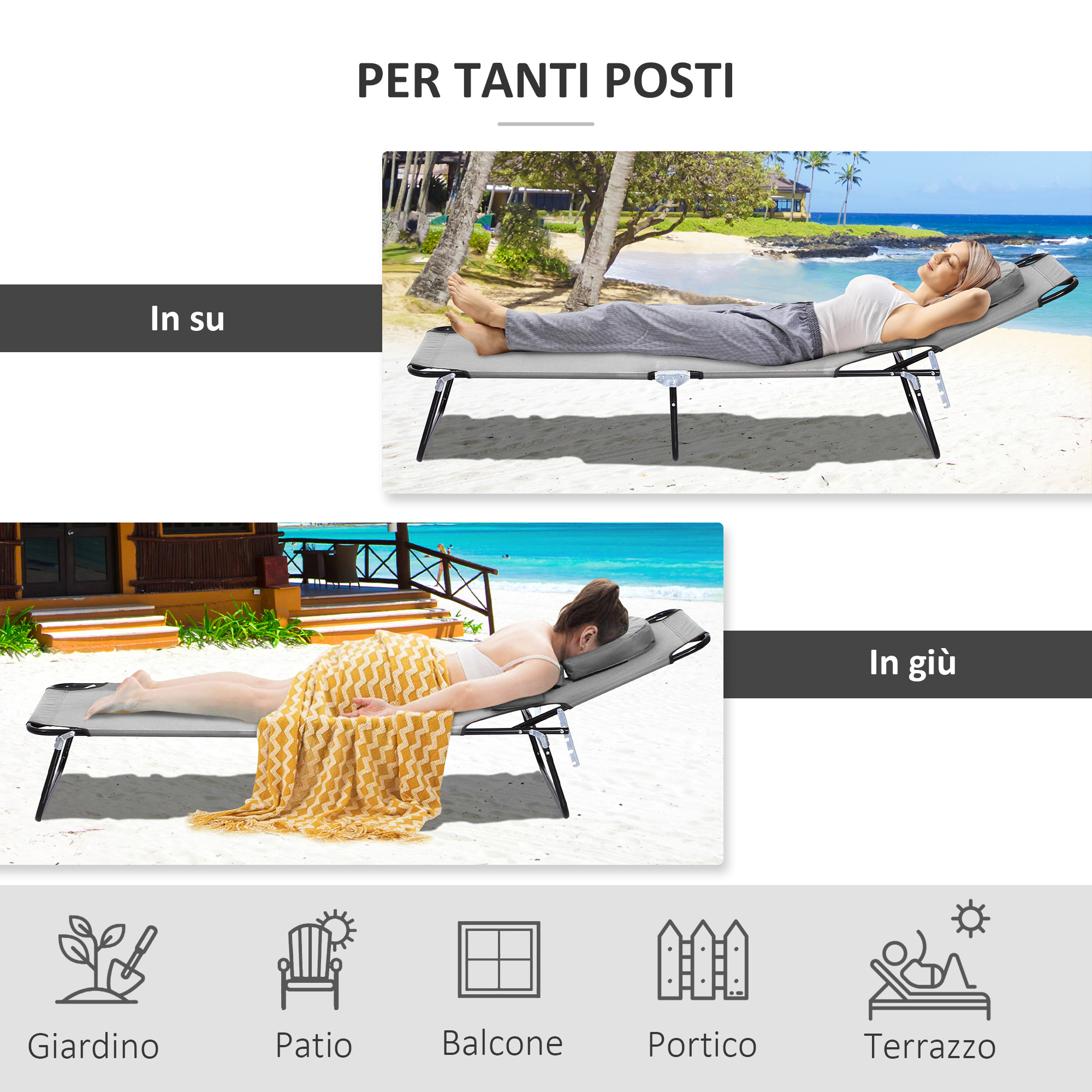 Una donna e un uomo giacciono su lettini da spiaggia grigi, mare sullo sfondo.