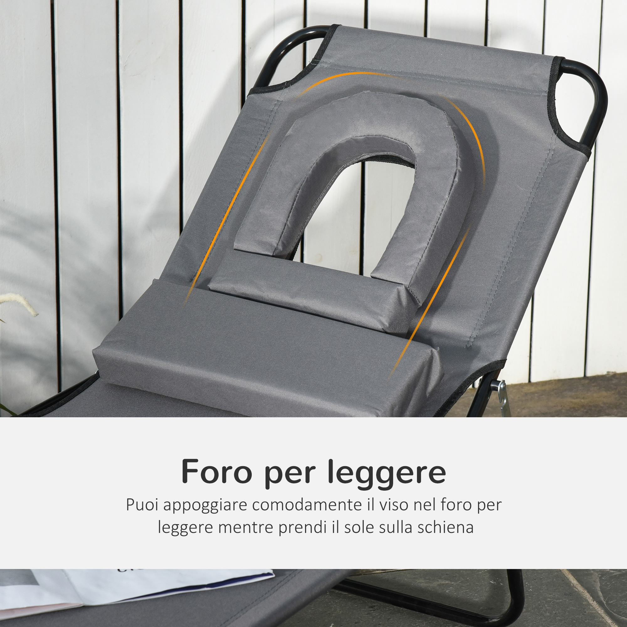 Sdraio grigio con cuscino per il viso e foro per leggere.