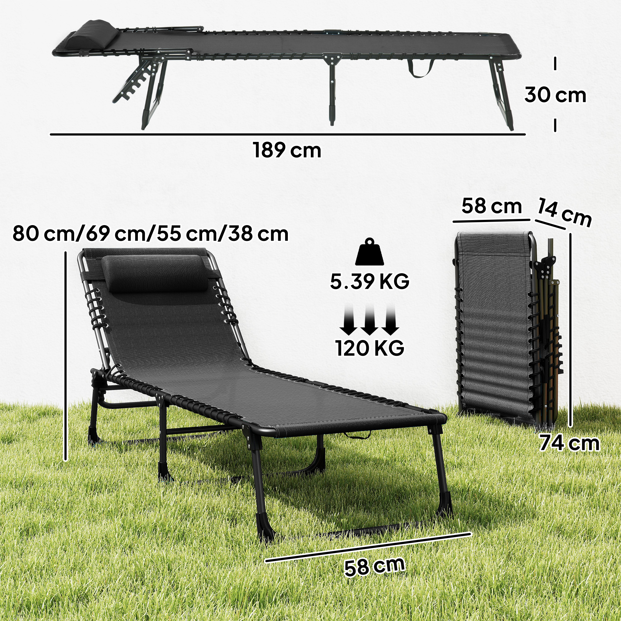 Lettino nero con schienale regolabile e cuscino, dimensioni 189x58x30cm.
