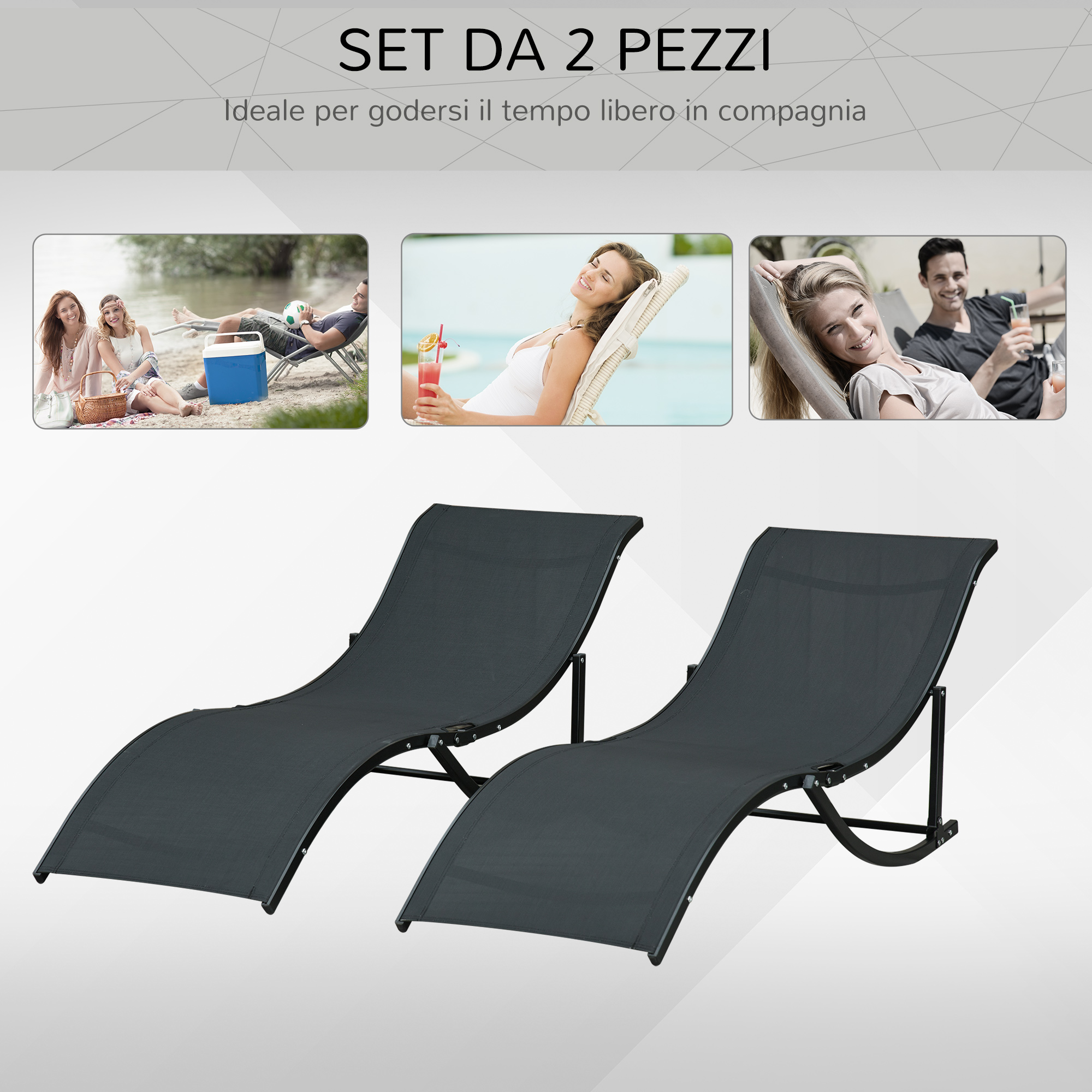 Due sedie a sdraio scure in tessuto con telaio in metallo nero, primo piano.