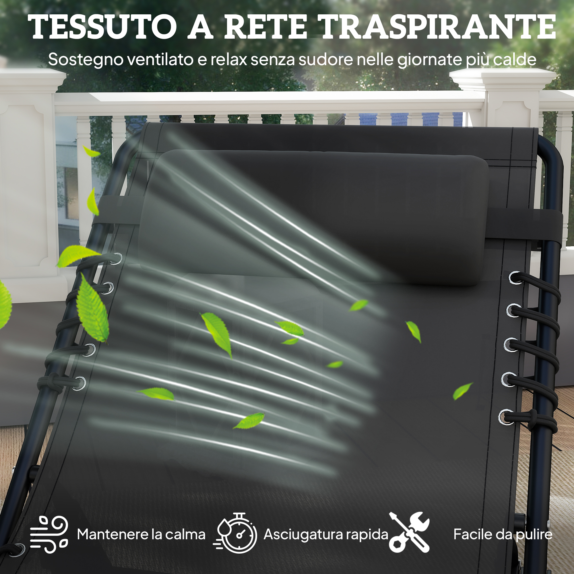 Una sdraio nera con tessuto a rete traspirante e foglie che cadono.