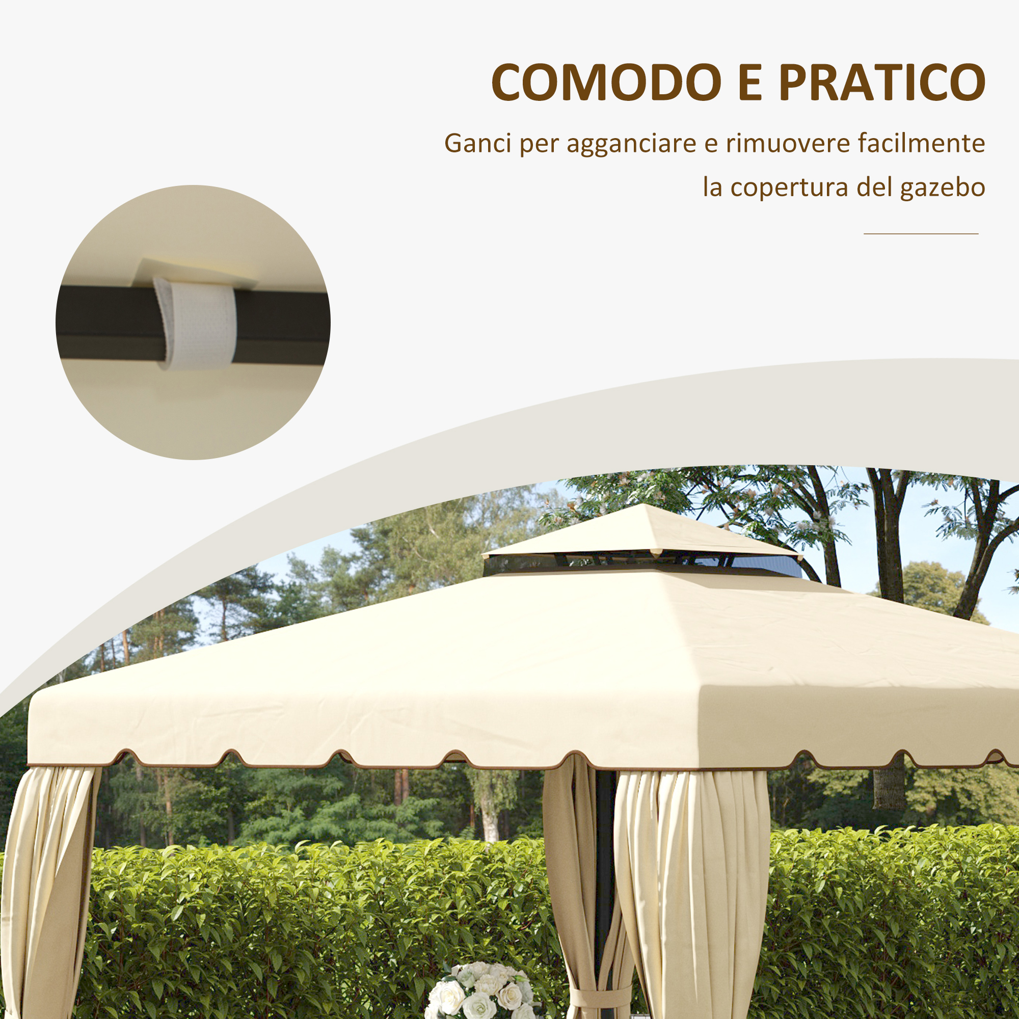 Gazebo beige da esterno con baldacchino e tende, circondato dal verde.