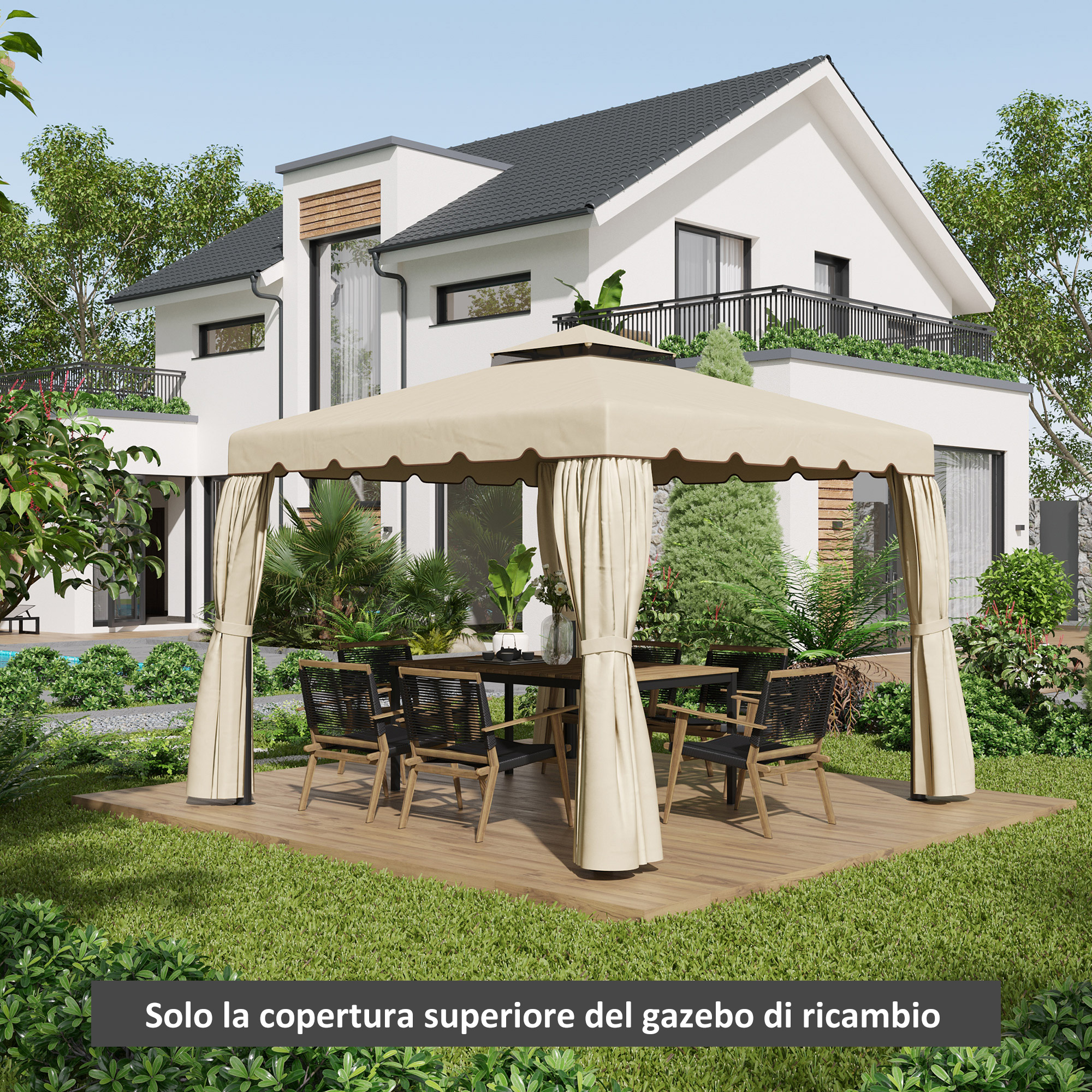 Un gazebo beige con tavolo e sedie in un giardino di fronte a una casa moderna.