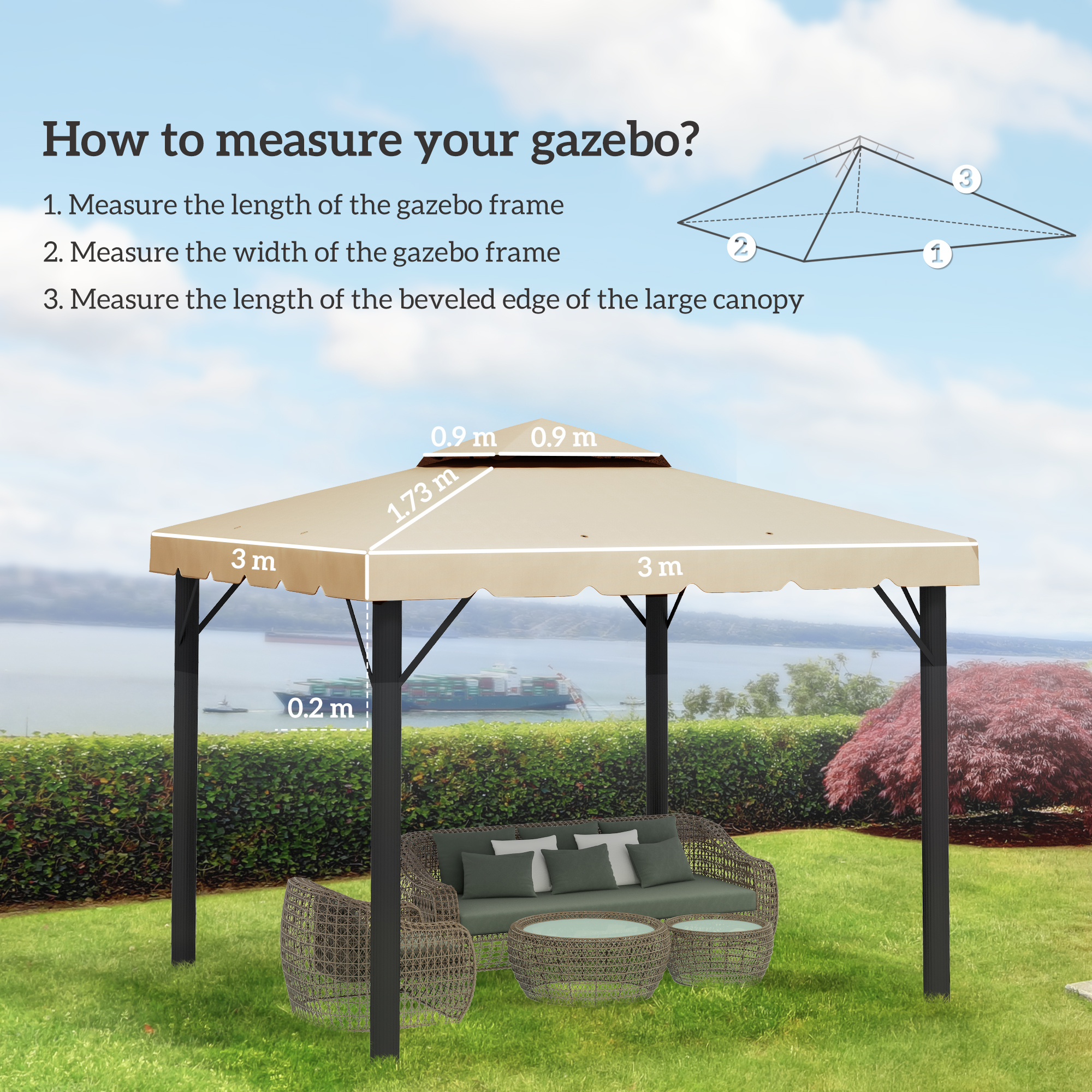 Gazebo con linee di misurazione e testo esplicativo. Area salotto in primo piano.