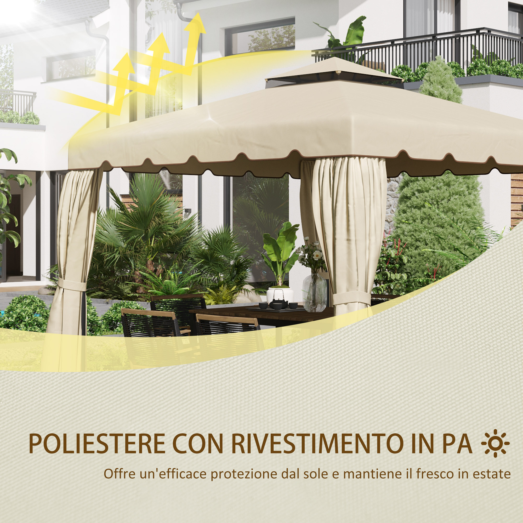 Un gazebo beige con tende e mobili da esterno. Frecce gialle indicano protezione solare.