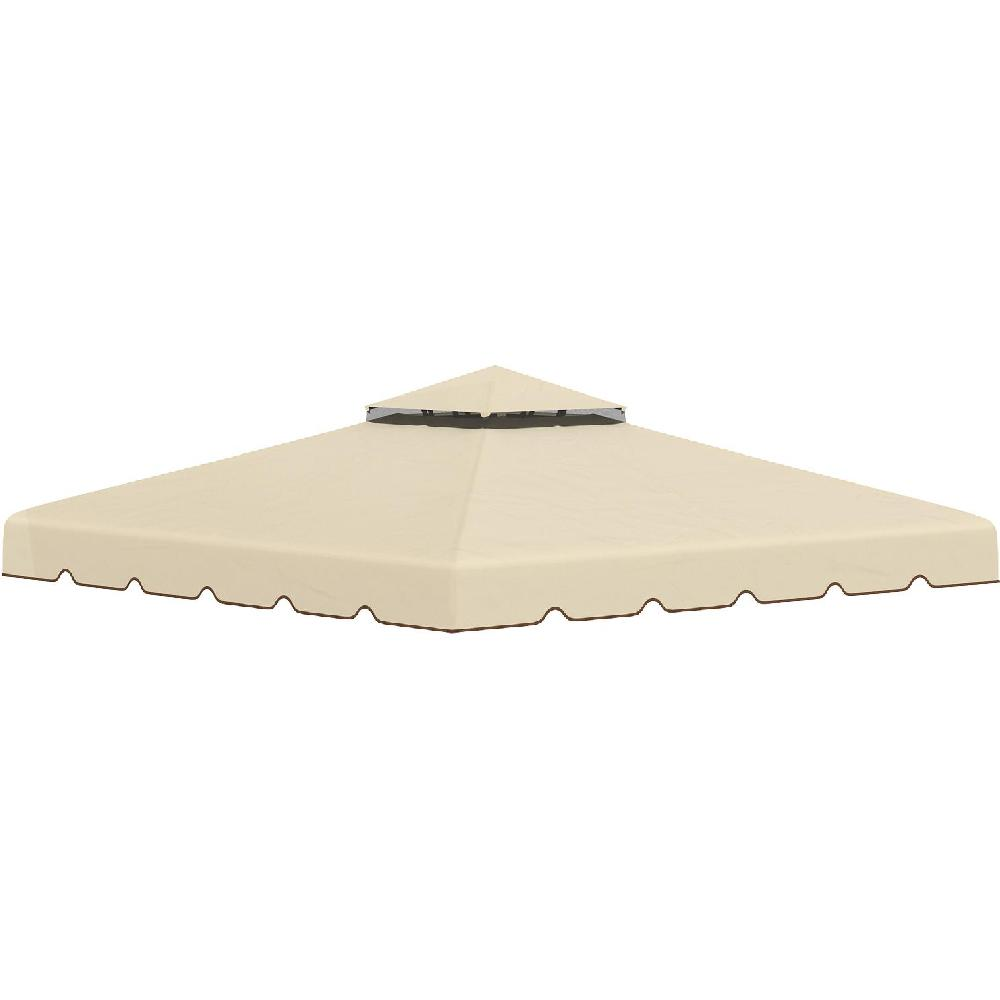 Una copertura per gazebo beige con bordo smerlato e tetto a due livelli.