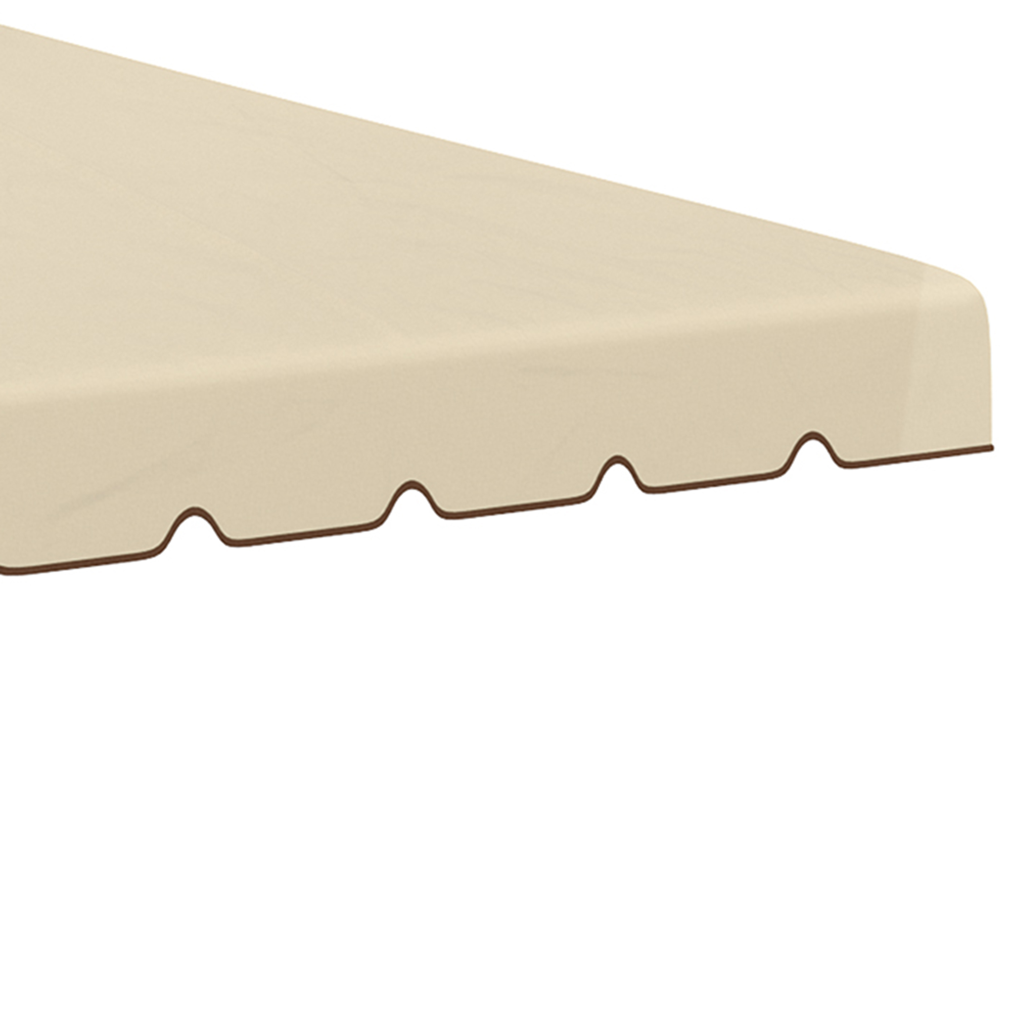Una tenda da sole beige con bordo smerlato e finiture marroni.