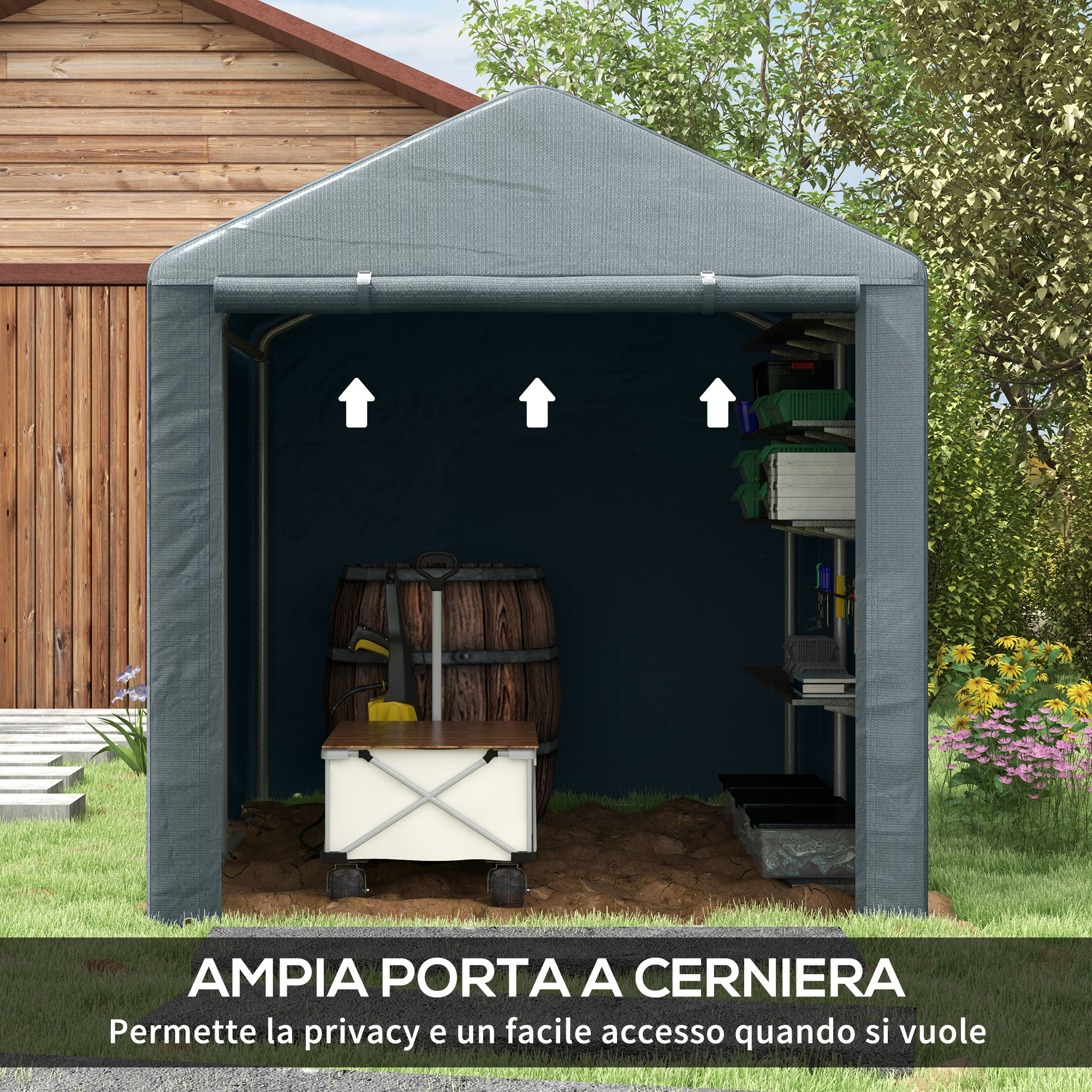 Tenda grigia con porta arrotolata, piena di attrezzi e un barile.