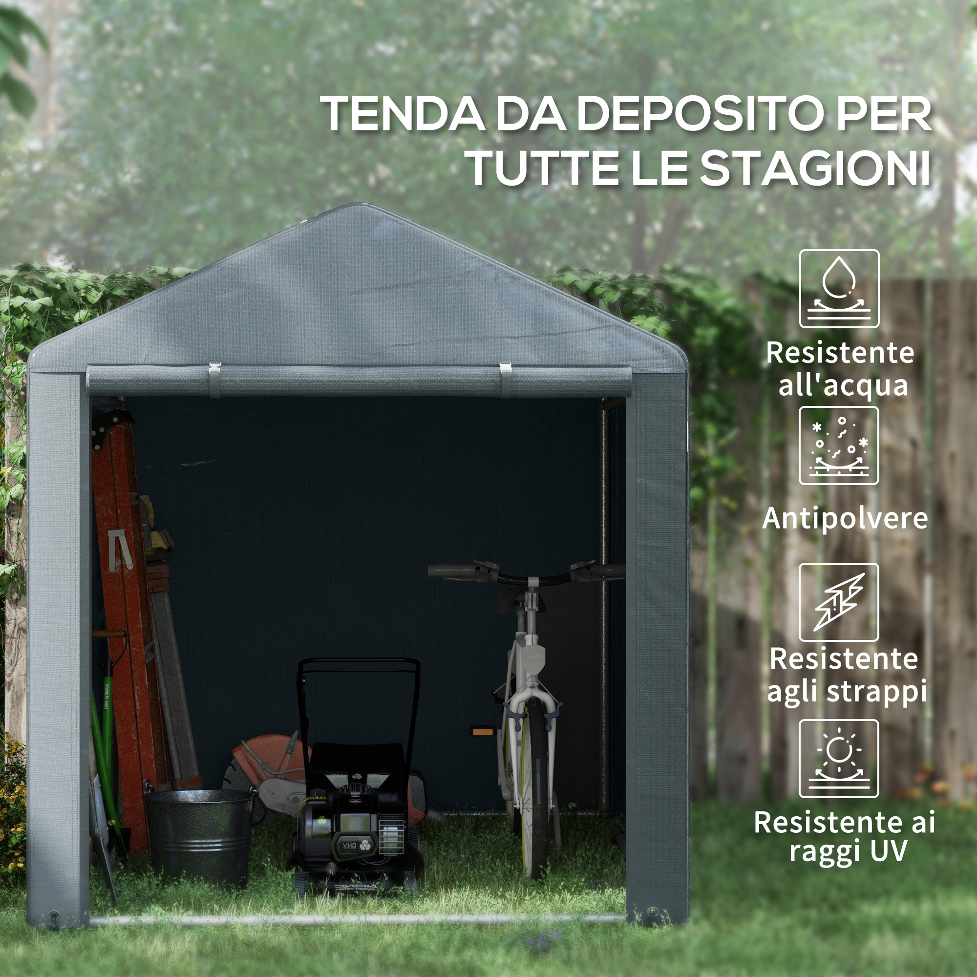 Tenda da deposito grigia con tosaerba, scala e bicicletta all'interno, sull'erba.