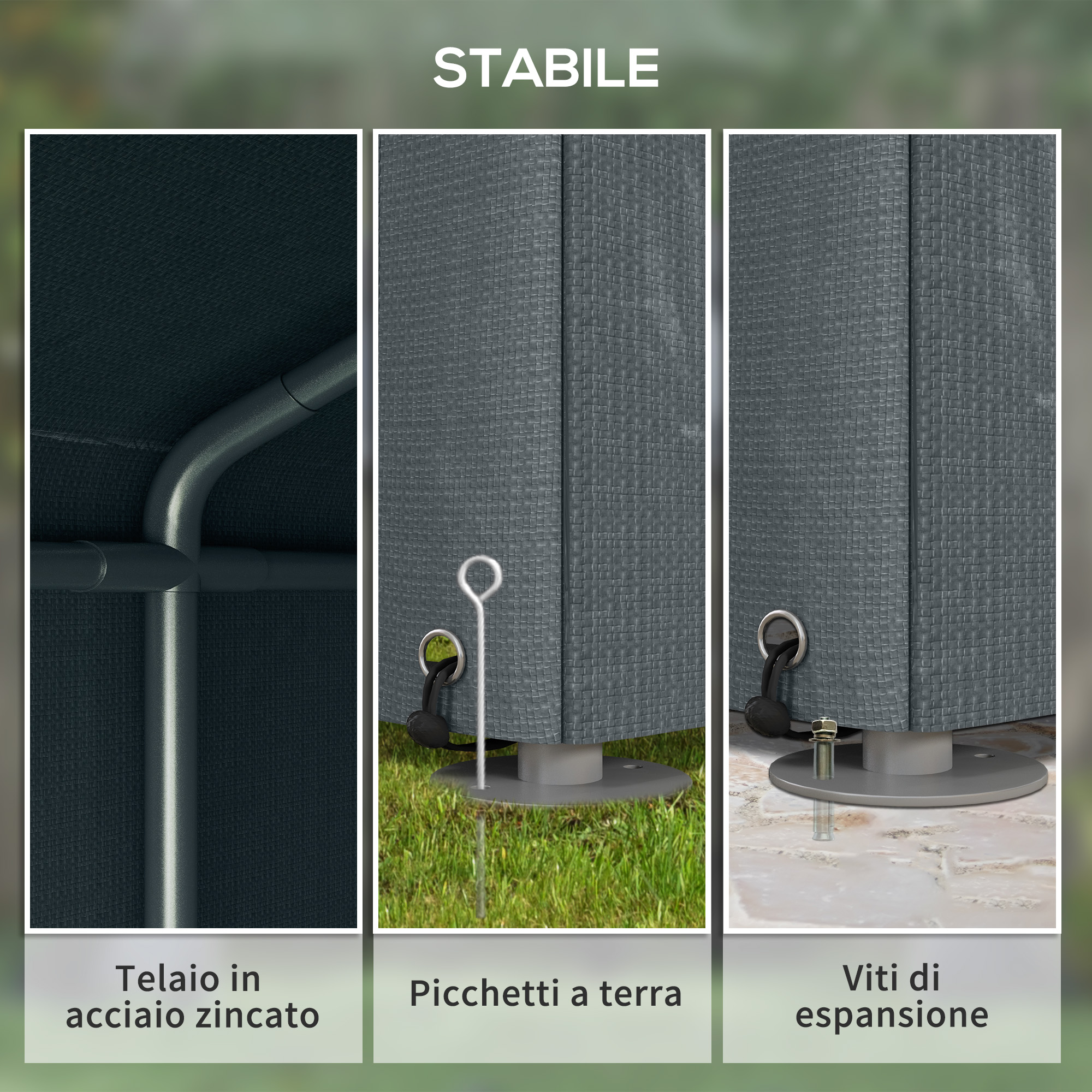 Tre viste di dettaglio: telaio in acciaio zincato, picchetti, viti di espansione.
