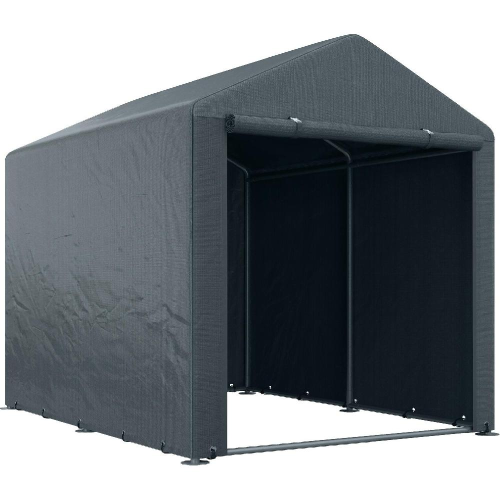 Un carport rettangolare scuro con telaio in metallo e copertura in tessuto grigio.