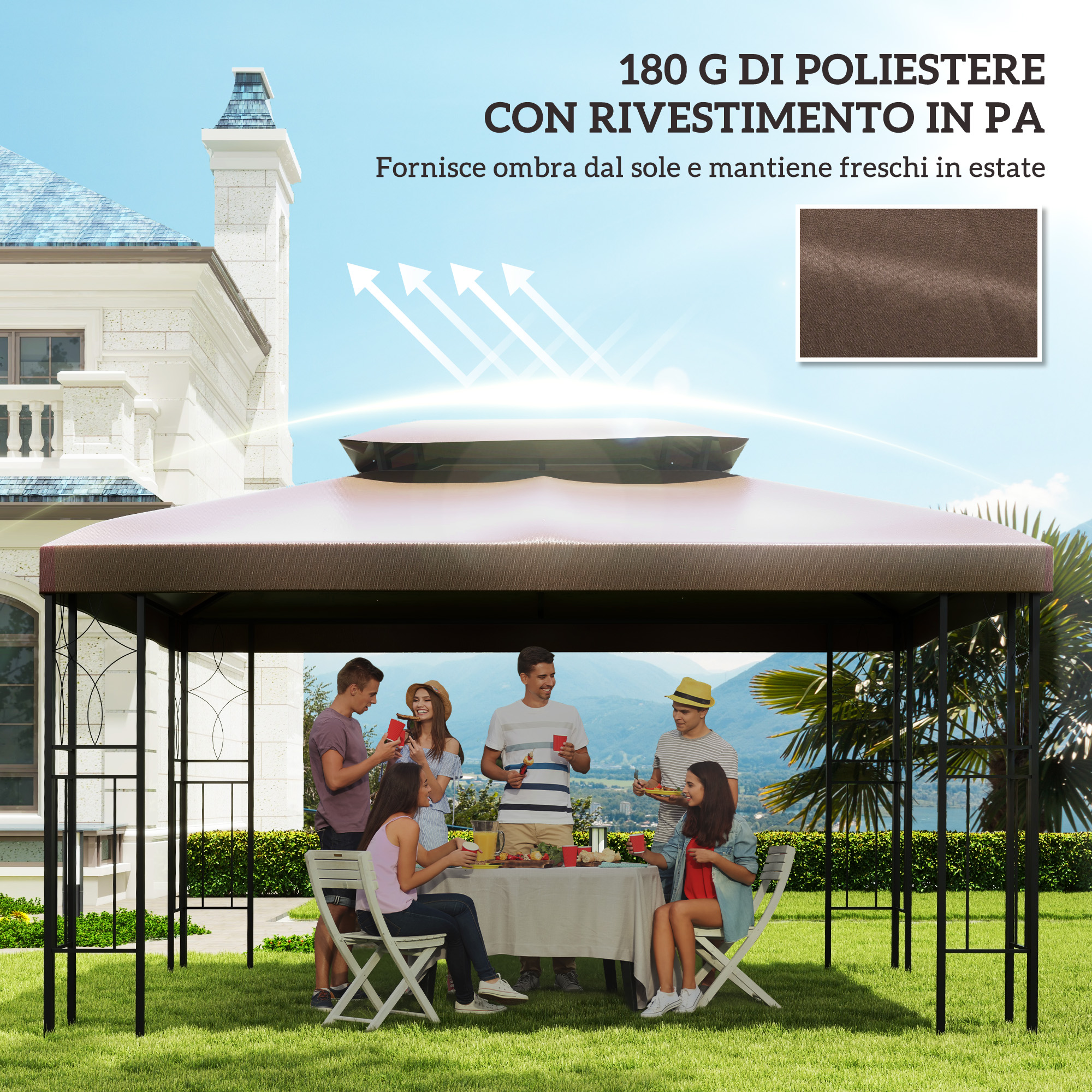 Un gruppo di sei persone fa un picnic all'aperto sotto un gazebo.