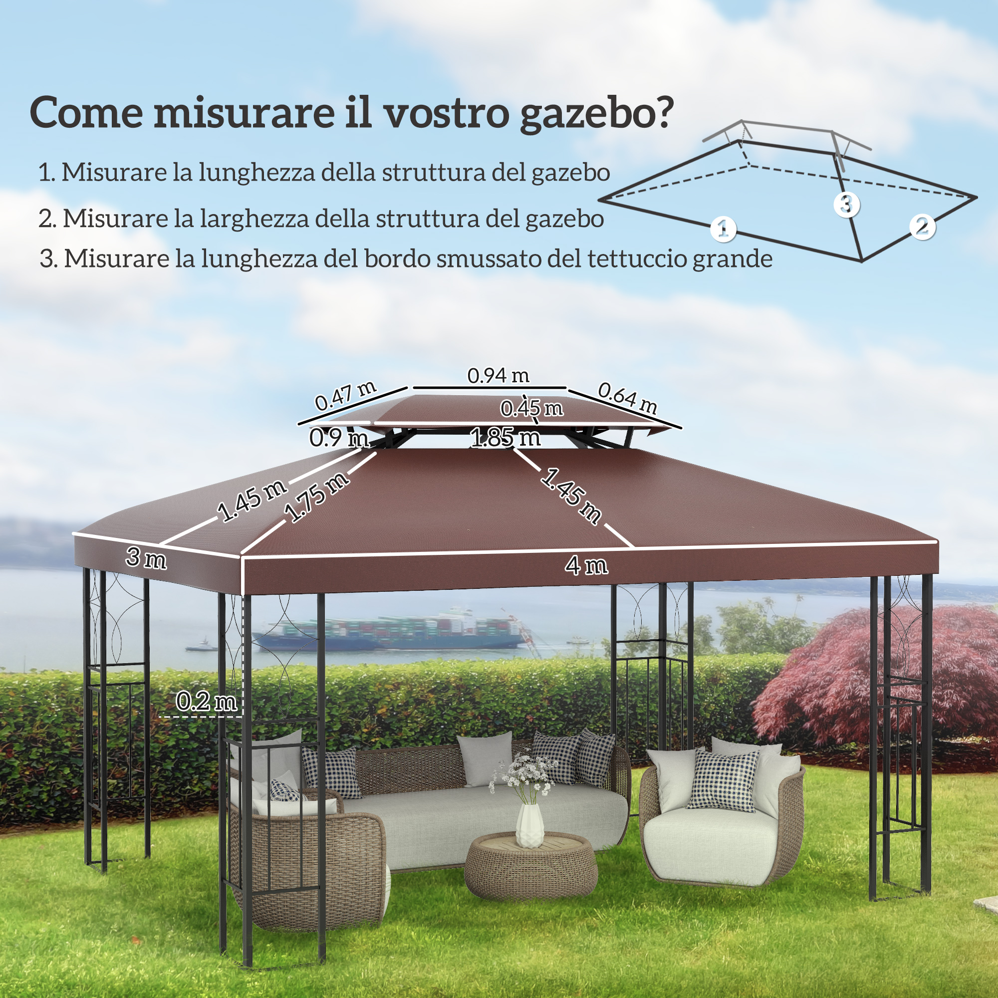 Un gazebo marrone con misure, situato su un prato con mobili.