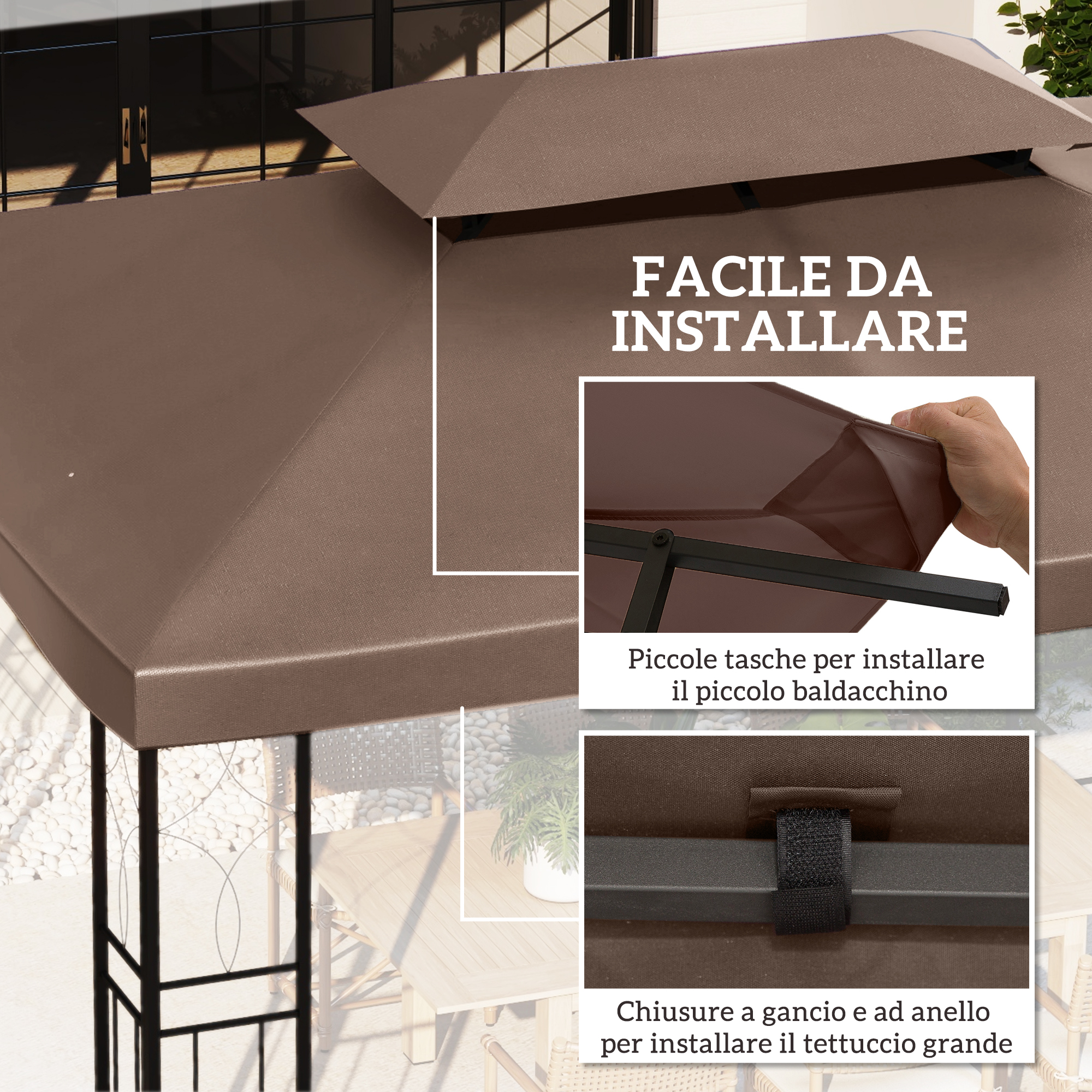 Tenda marrone con dettagli di installazione. Facile da installare.