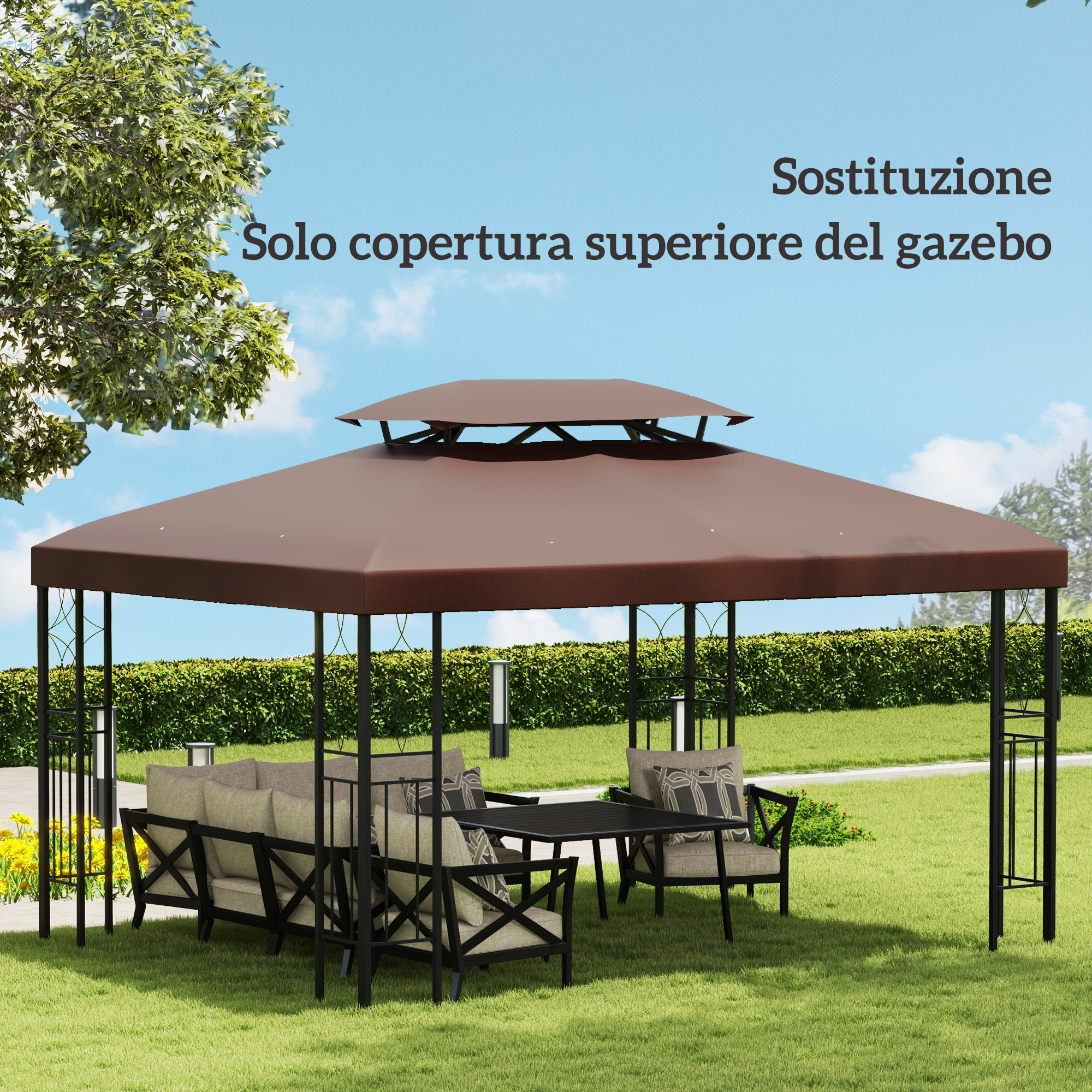 Una gazebo marrone con posti a sedere all'aperto e un tavolo su un prato curato.