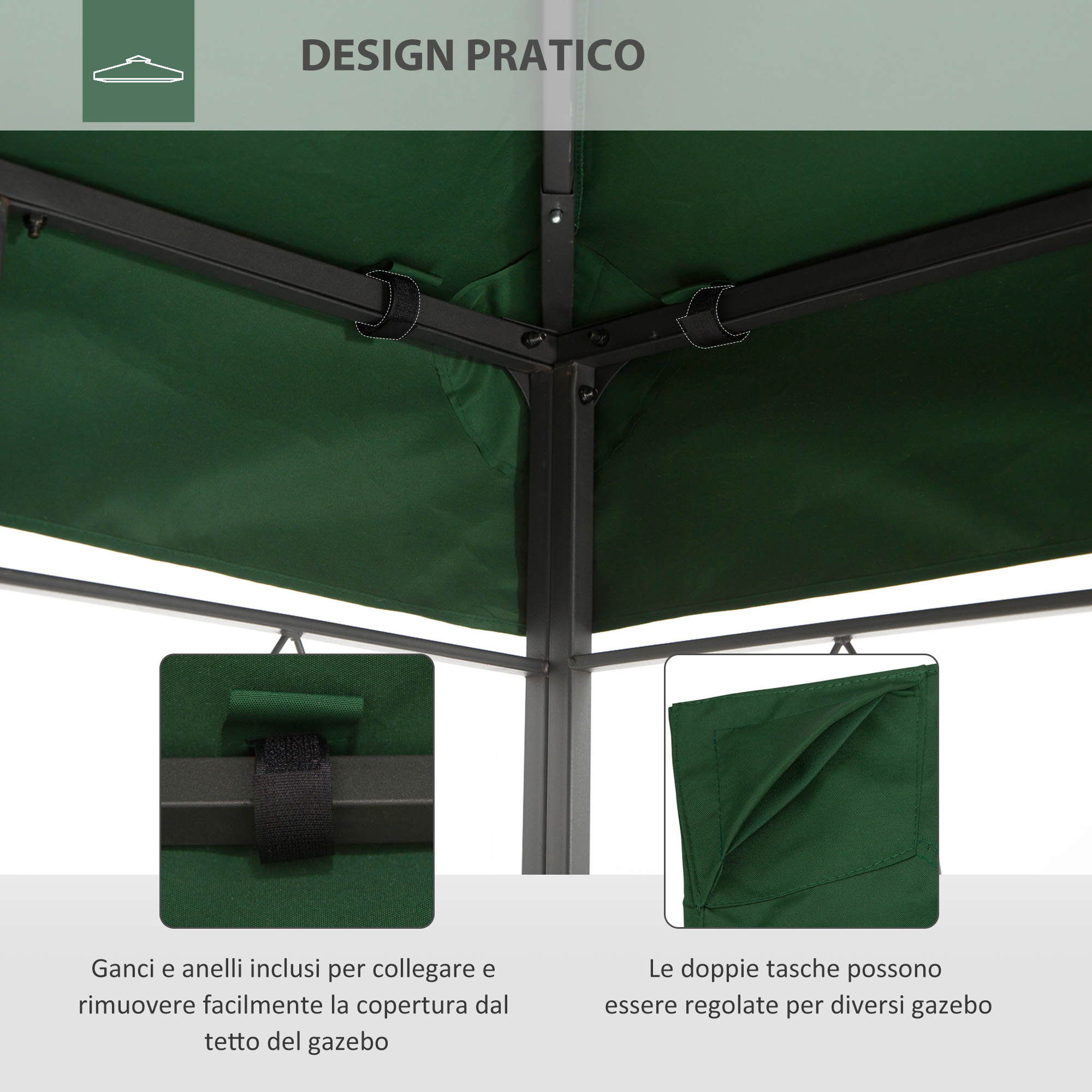 Tetto gazebo verde con telaio metallico, cinghie in velcro e tasche.
