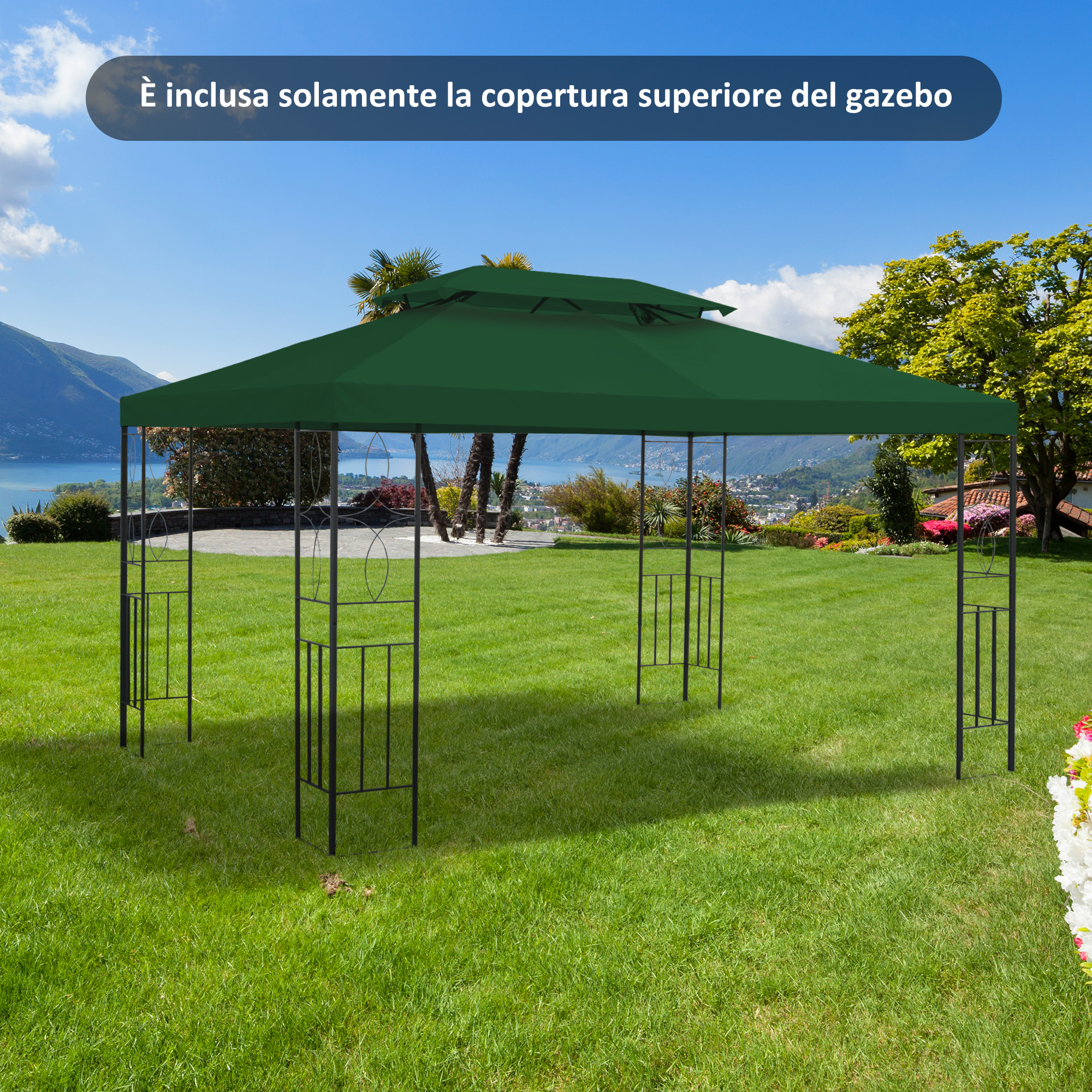 Una copertura verde per gazebo su prato con alberi e montagne sullo sfondo.