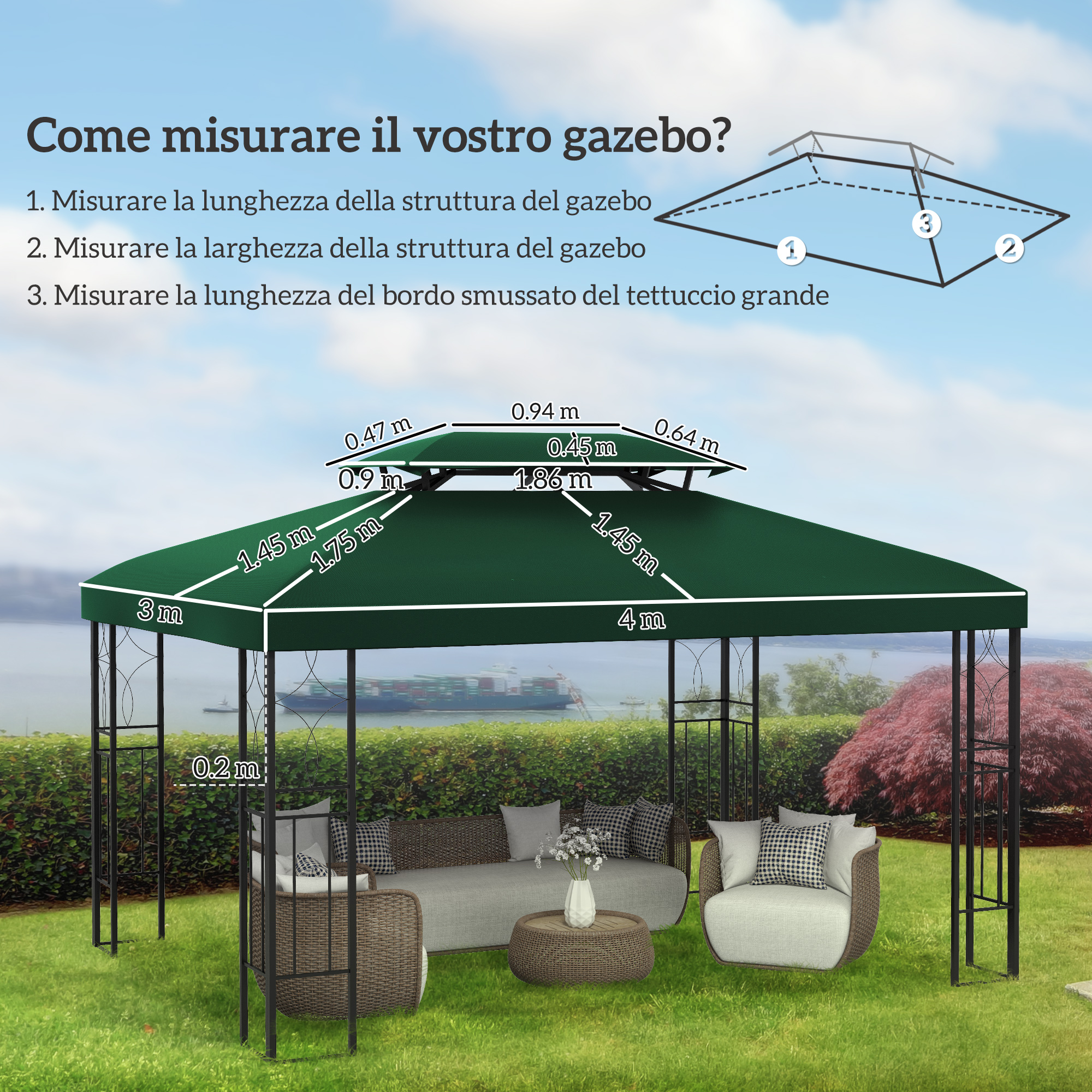 Un gazebo verde con misure, mobili e vista di una nave sullo sfondo.