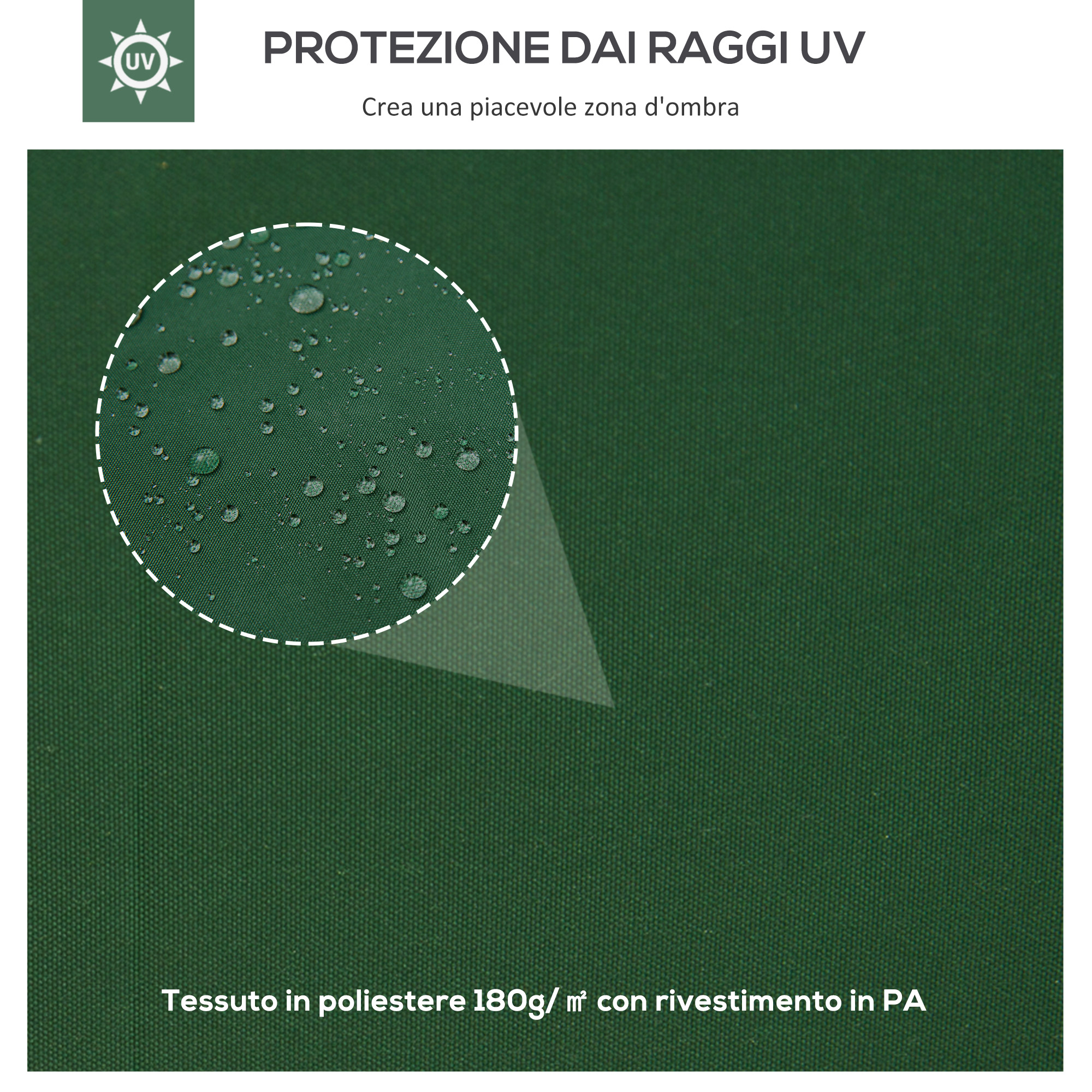 Tessuto verde con gocce d'acqua, poliestere 180g/m² con rivestimento PA.