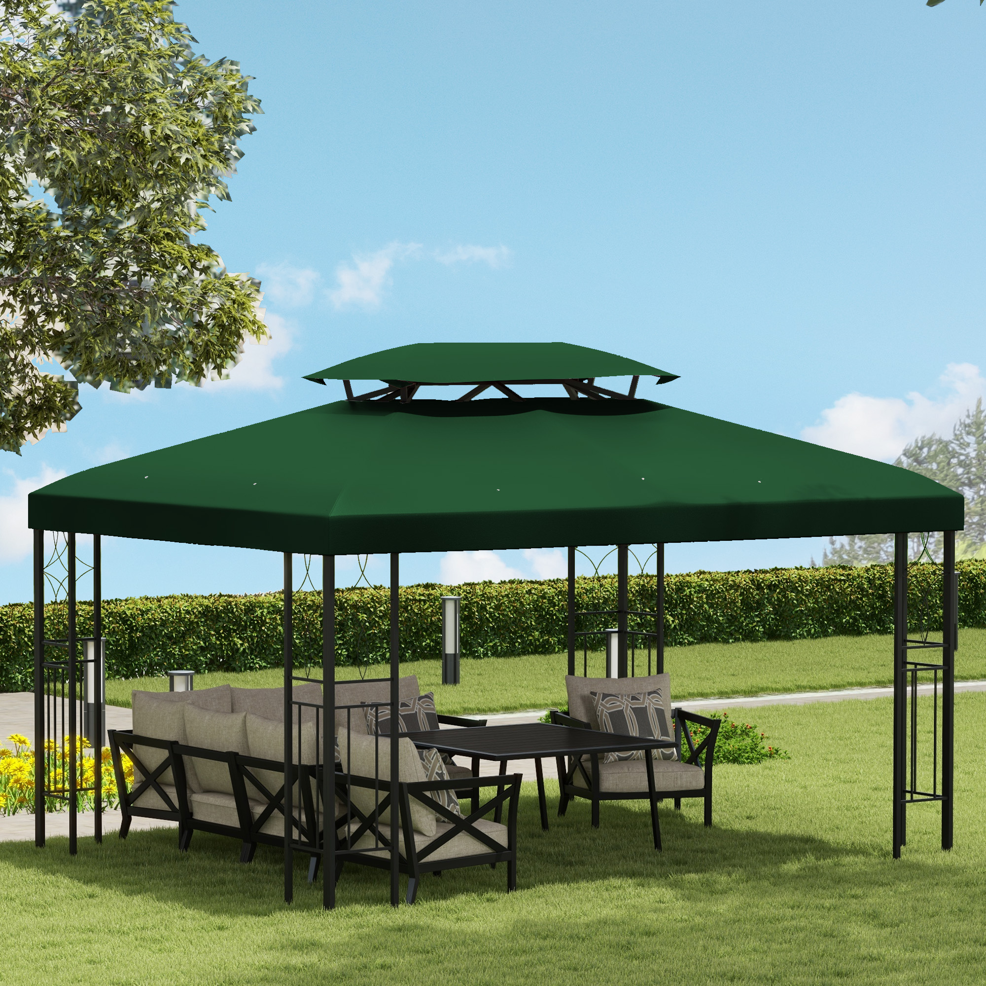 Una tenda gazebo verde con posti a sedere e un tavolo in giardino.
