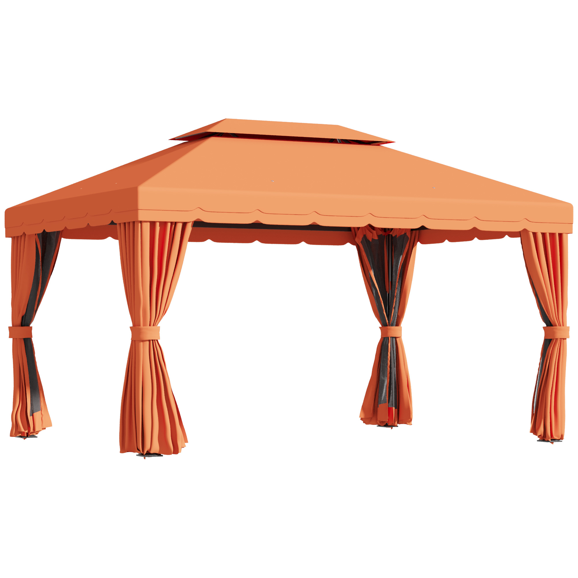 Un gazebo arancione con quattro colonne e tende. Sfondo bianco.