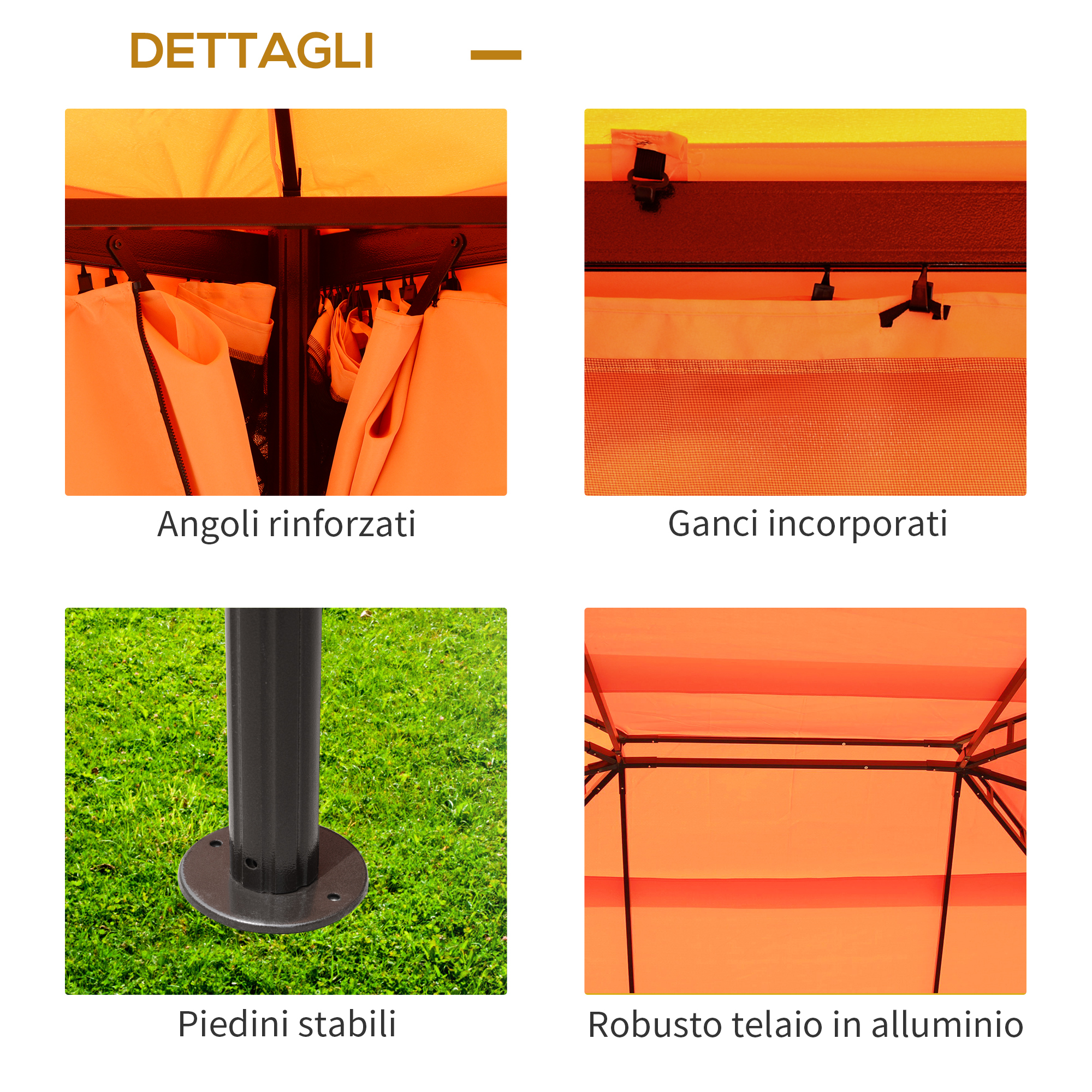 Dettagli di un gazebo arancione: angoli rinforzati, ganci, piedi stabili e telaio in alluminio.