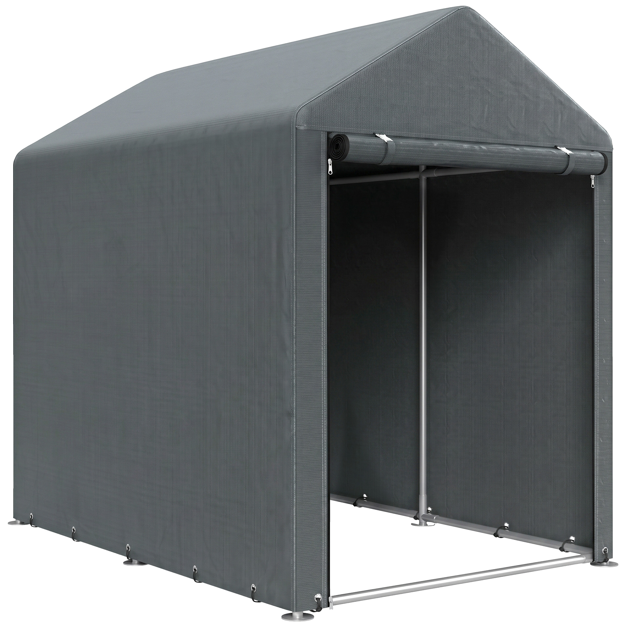 Tenda grigia con telaio in metallo e fronte arrotolato.