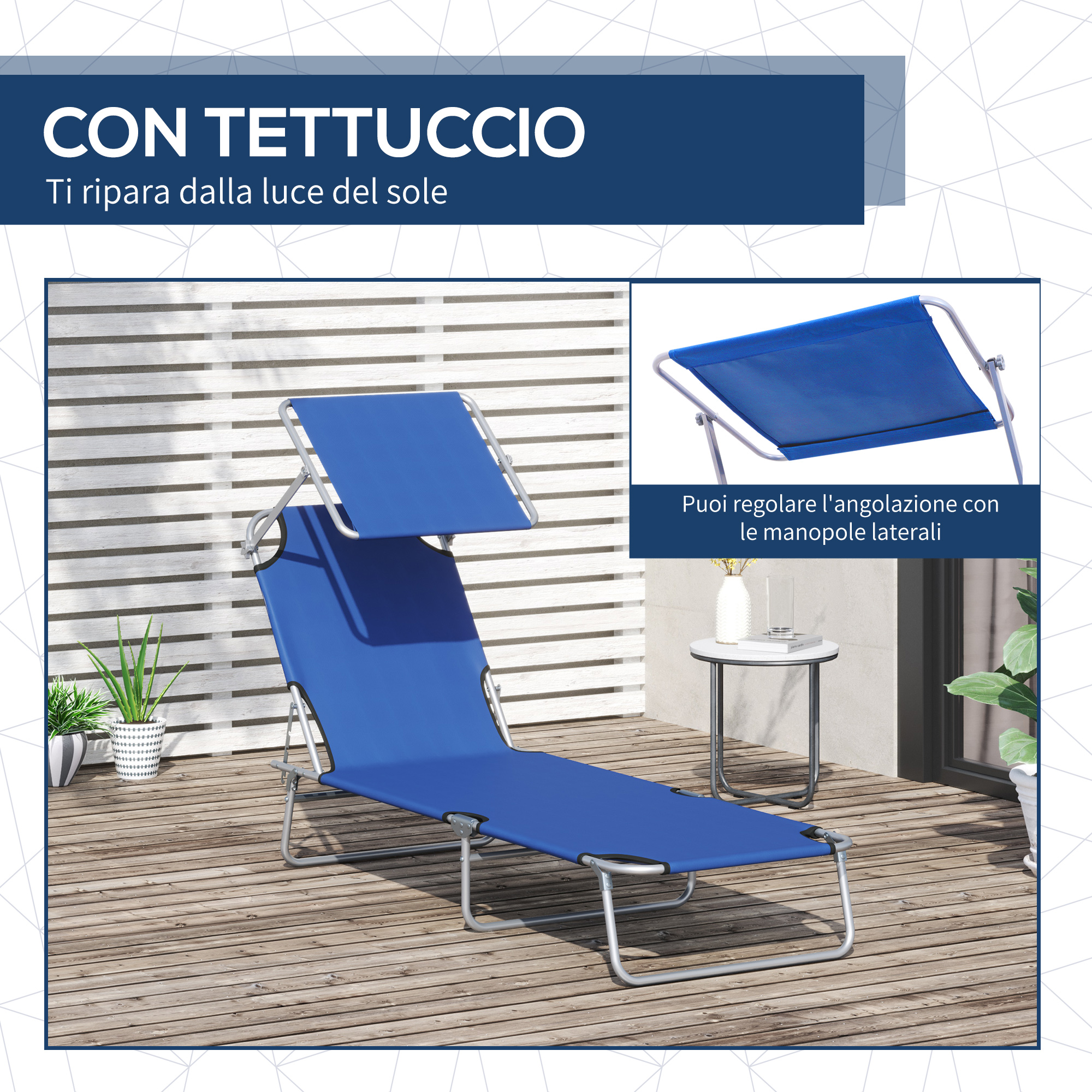 Sdraio blu con tettuccio regolabile su un ponte di legno.