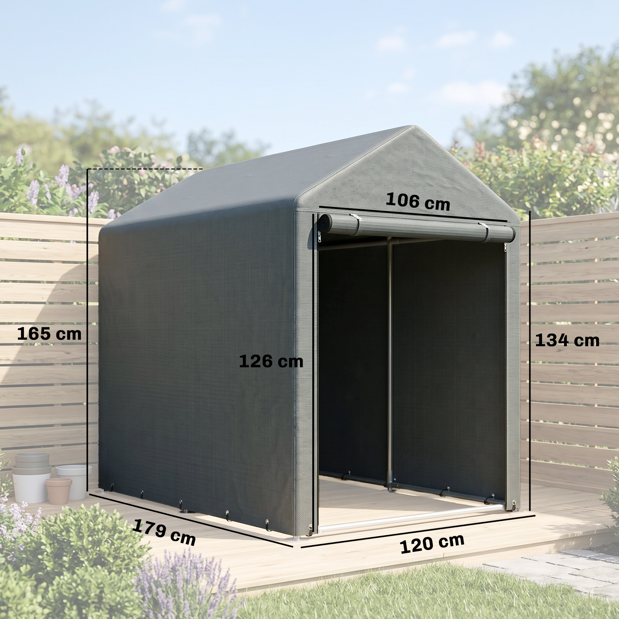 Capanno portaoggetti grigio con dimensioni: 179x120x165 cm, altezza 134 cm, larghezza 106 cm.