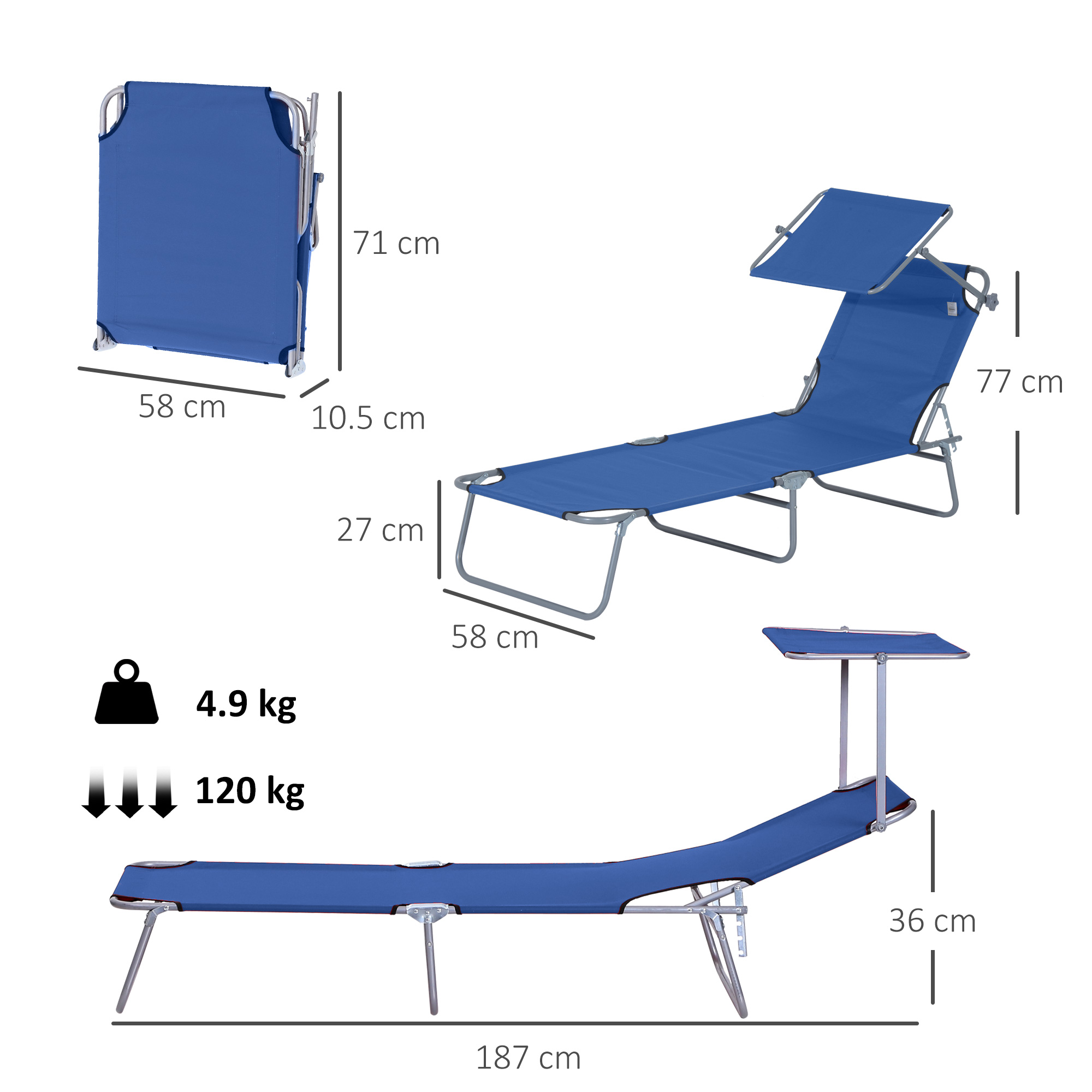 Lettino blu con dimensioni e specifiche di peso.