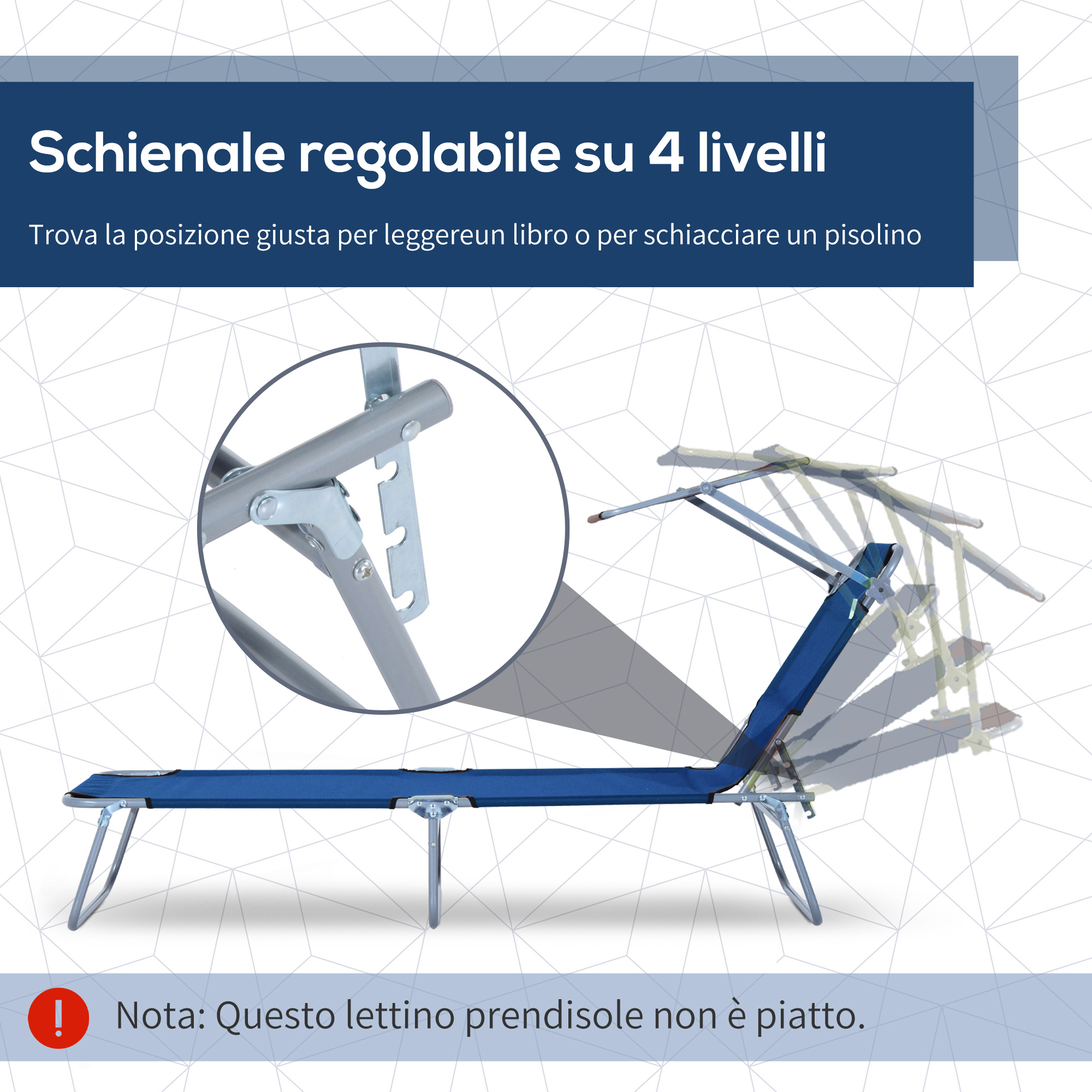 Lettino prendisole blu con schienale regolabile su 4 livelli e telaio in metallo.