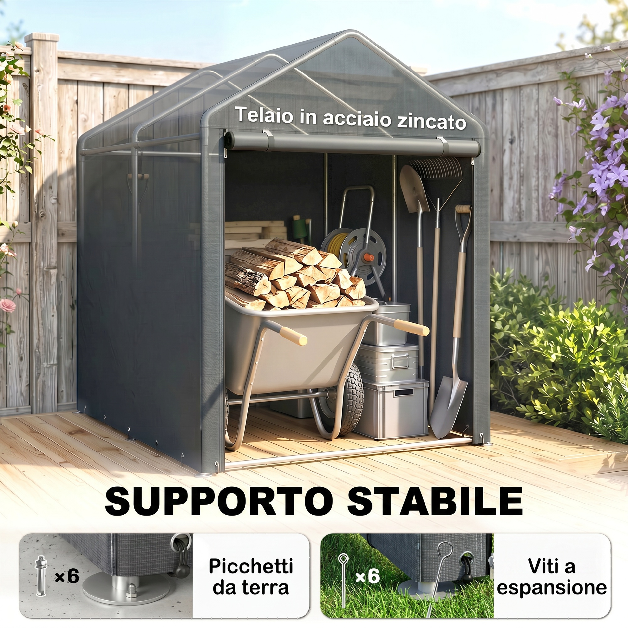 Un capanno da giardino con attrezzi, legna e carriola su un terrazzo di legno.