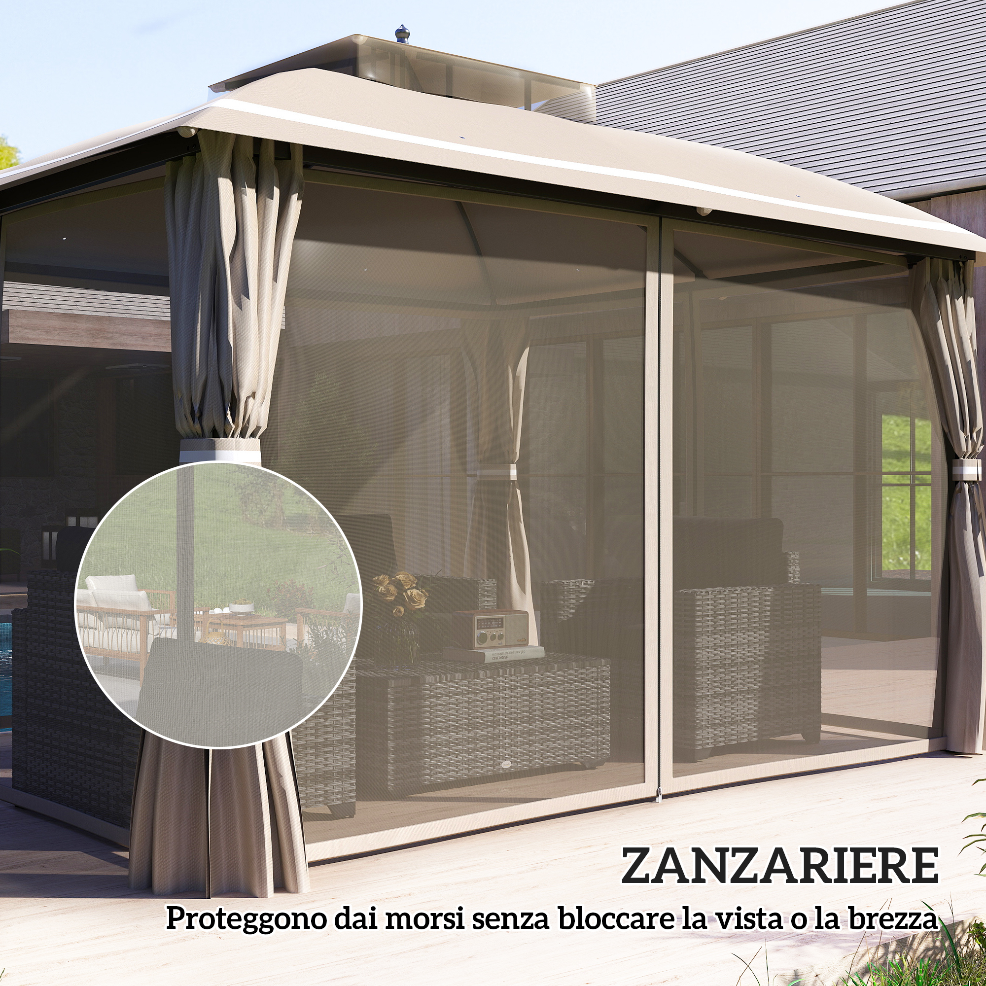 Un gazebo con zanzariere e tende, che mostra mobili da esterno all'interno.