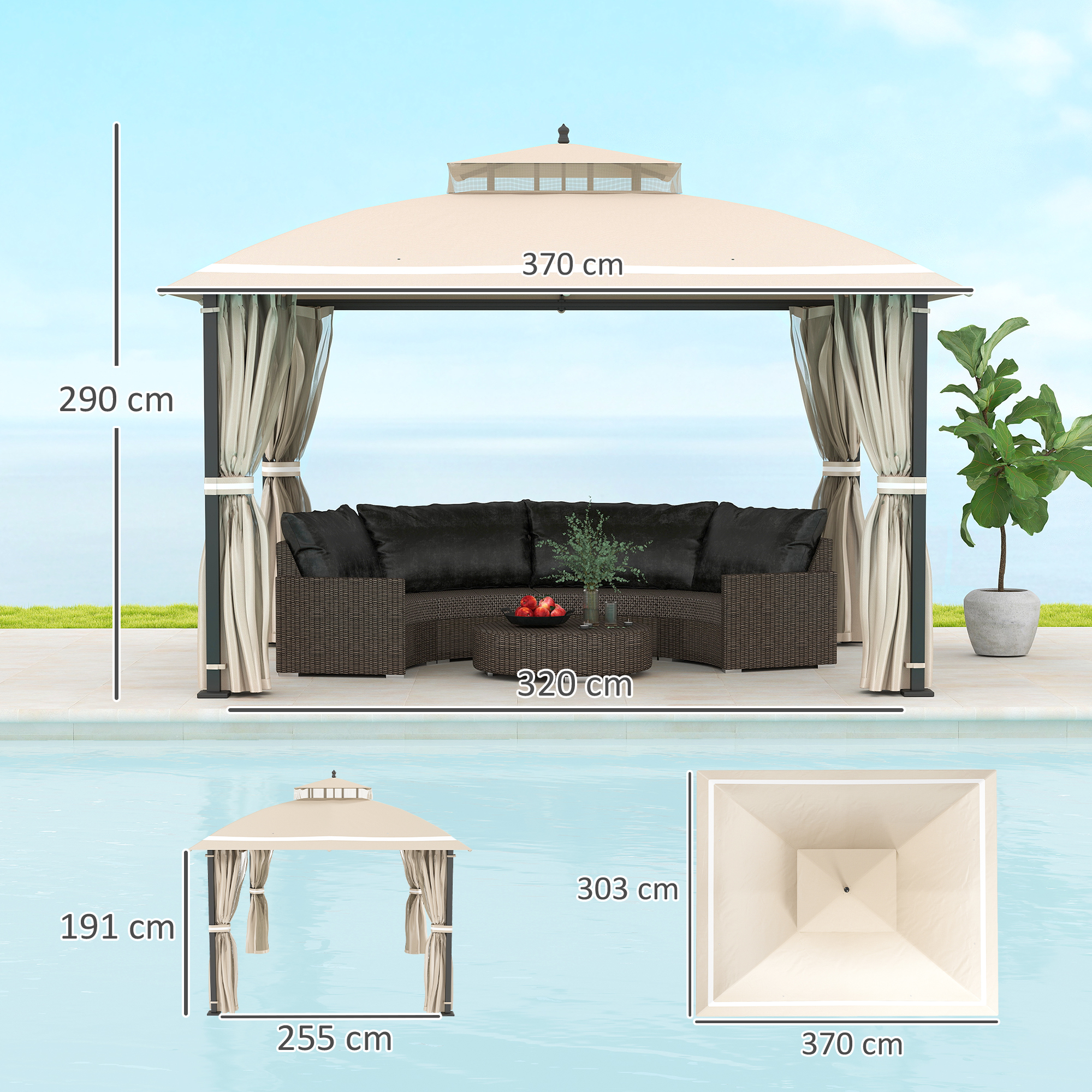 Gazebo con posti a sedere, tavolo e pianta in vaso vicino alla piscina. Dimensioni indicate.