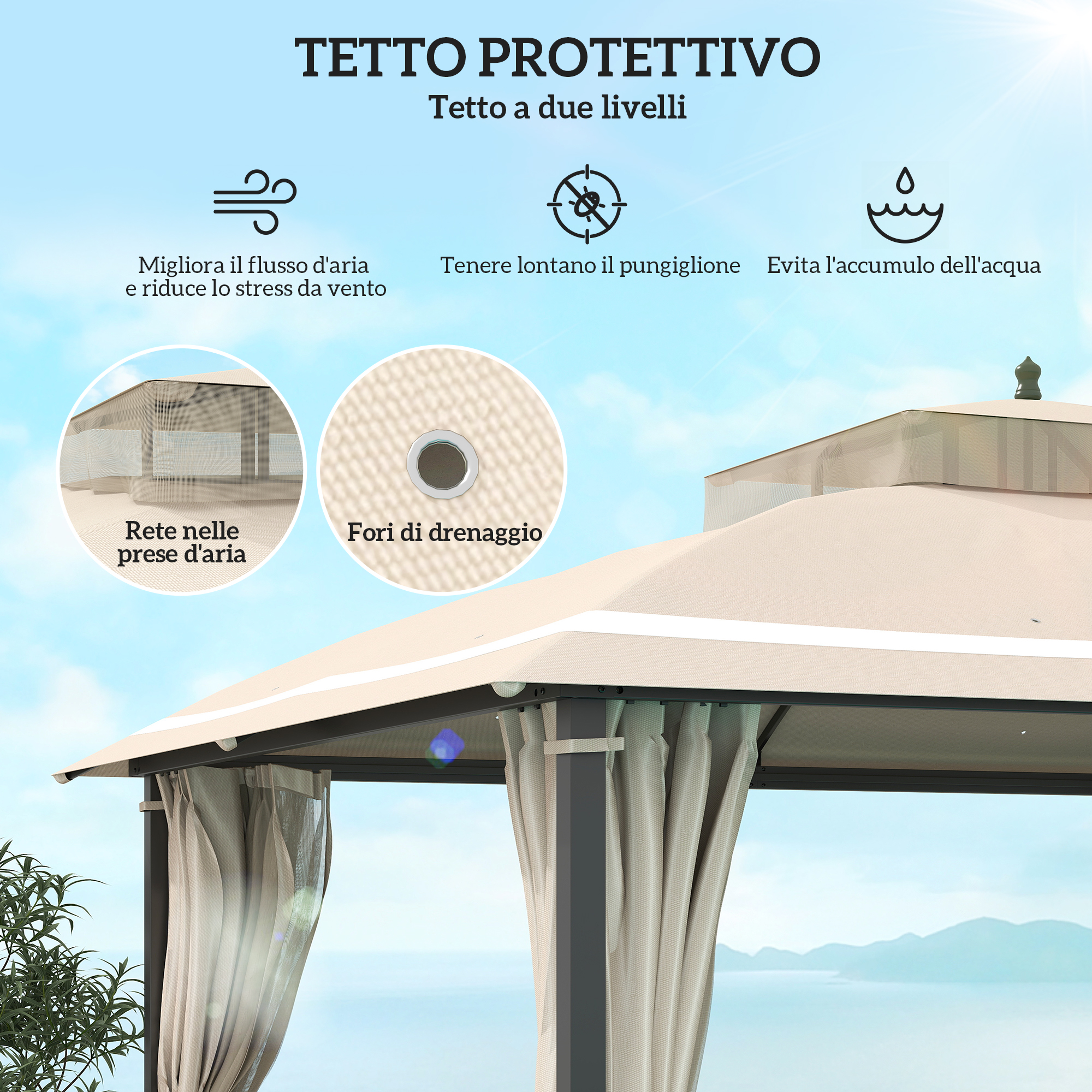 Gazebo beige con prese d'aria in rete, fori di drenaggio e tende.