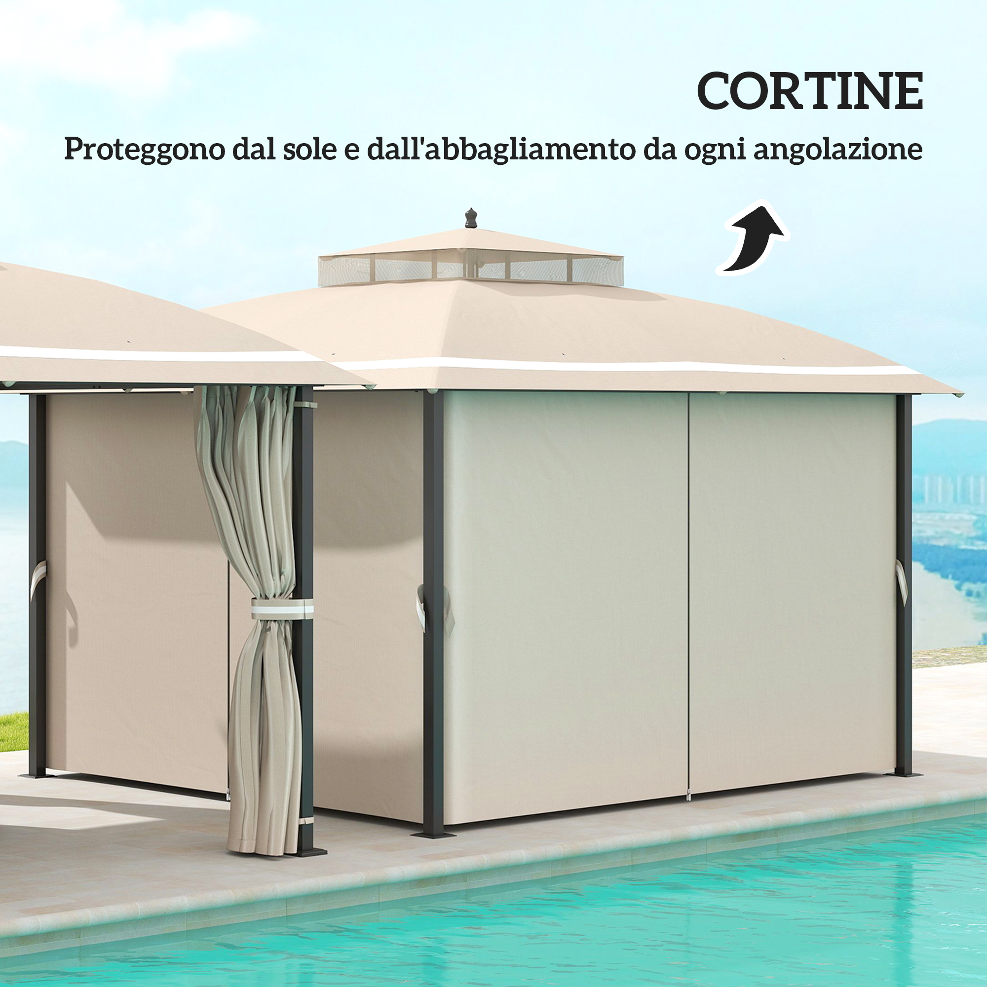 Un gazebo con tende beige accanto a una piscina all'aperto.