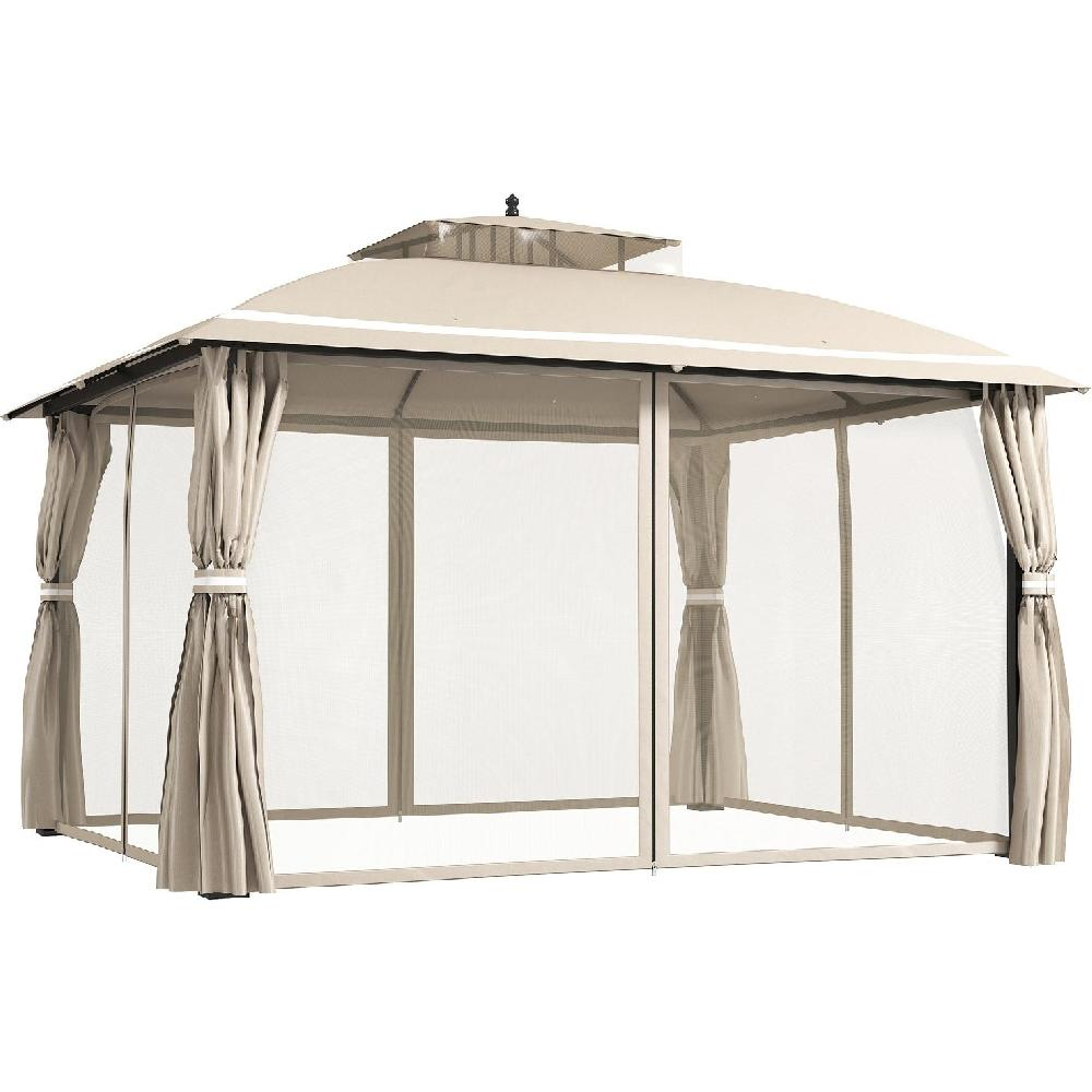 Un gazebo beige con zanzariere e tende si erge su sfondo bianco.