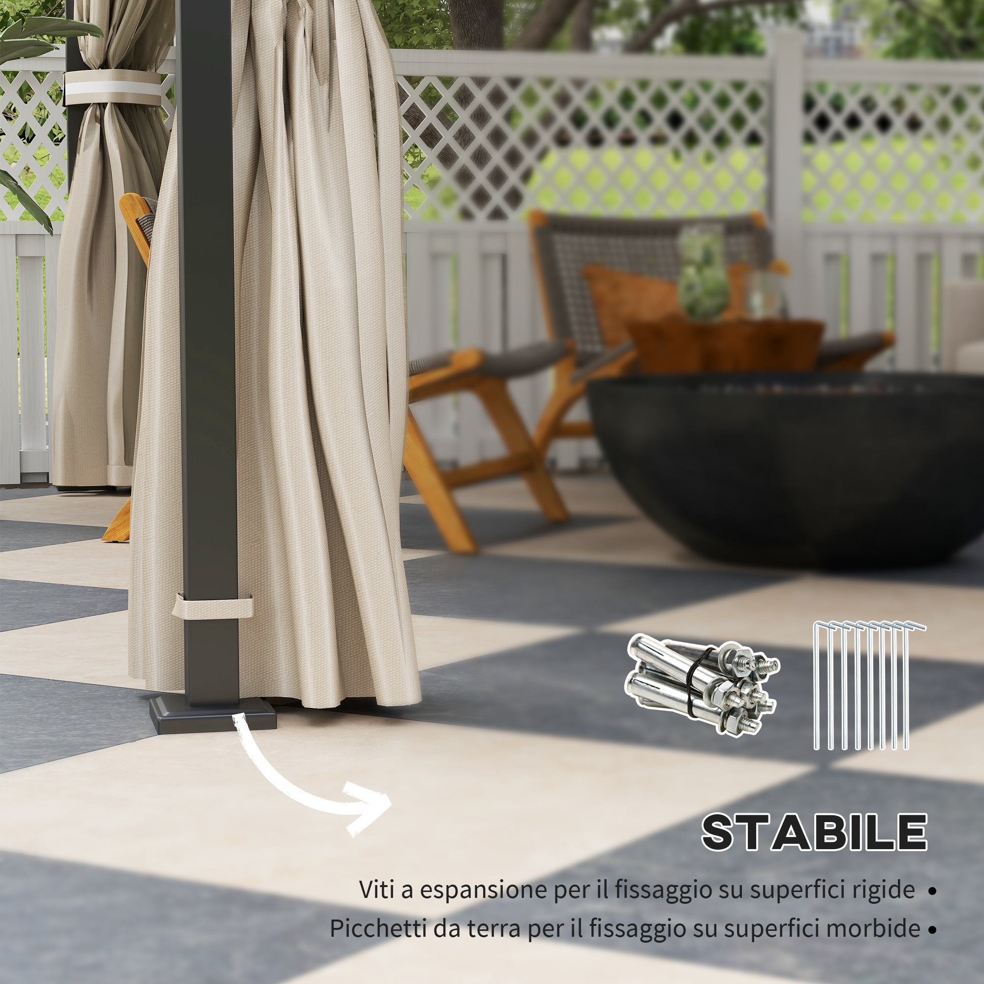 Un gazebo con tende beige su un patio a scacchi con mobili.