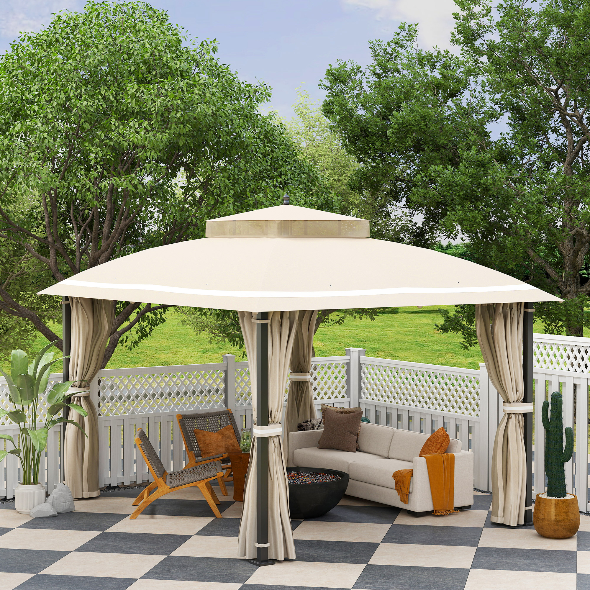 Un gazebo beige con divano, sedie, braciere e piante su pavimento a scacchi.